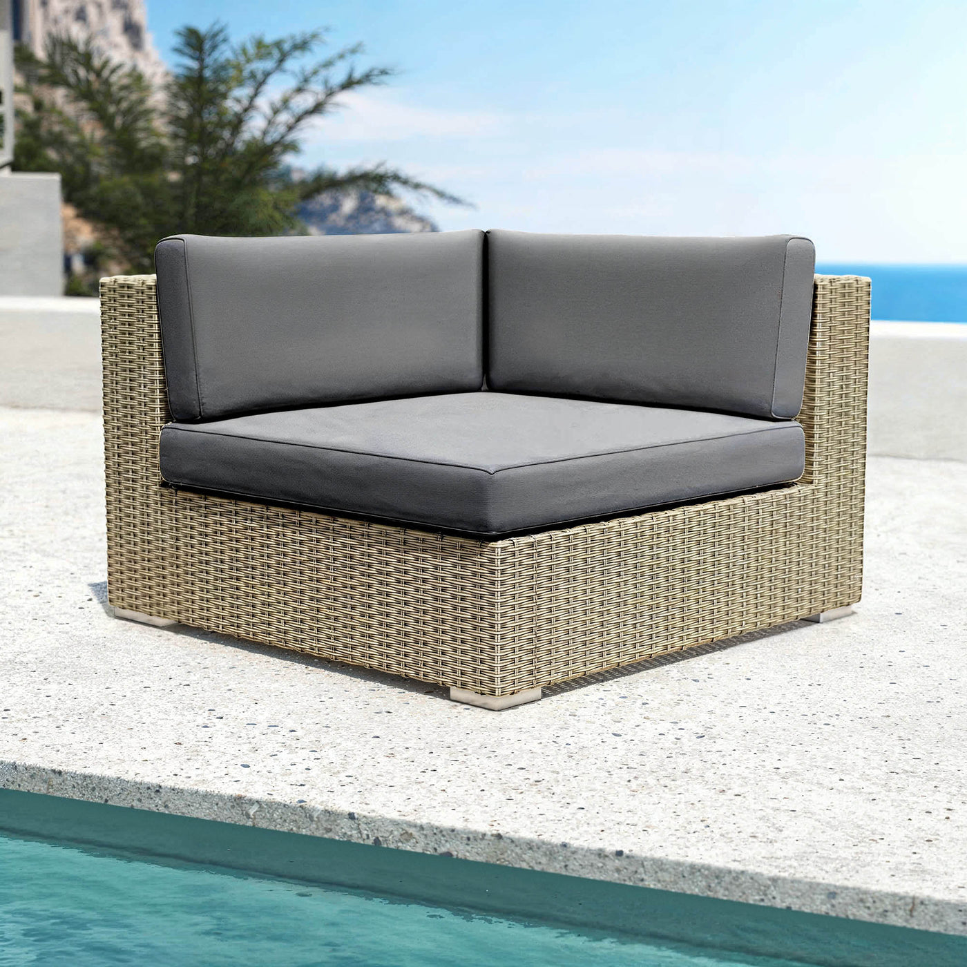 Canapé d'angle de jardin Meublot Palma en gris anthracite, avec coussins confortables pour l'extérieur.