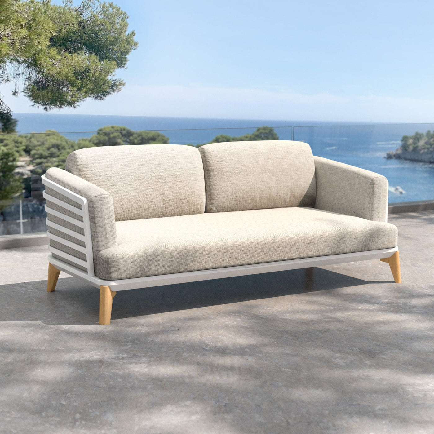 Canapé de jardin 2 places Monte Carlo de la marque Meublot, avec coussins blancs, design moderne et confortable.