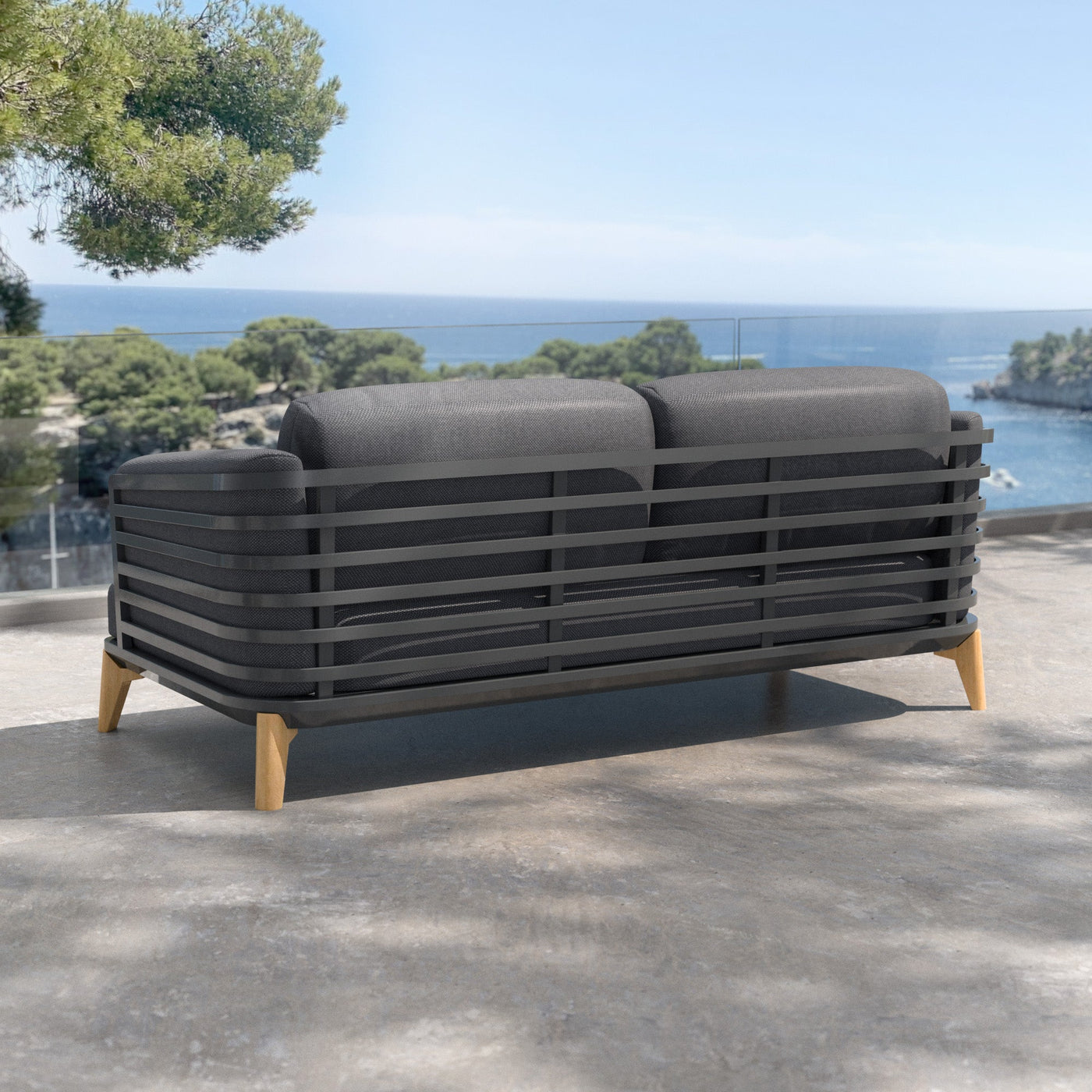 Canapé de jardin 2 places Monte Carlo Meublot avec coussins anthracite, vue arrière, mobilier extérieur élégant.