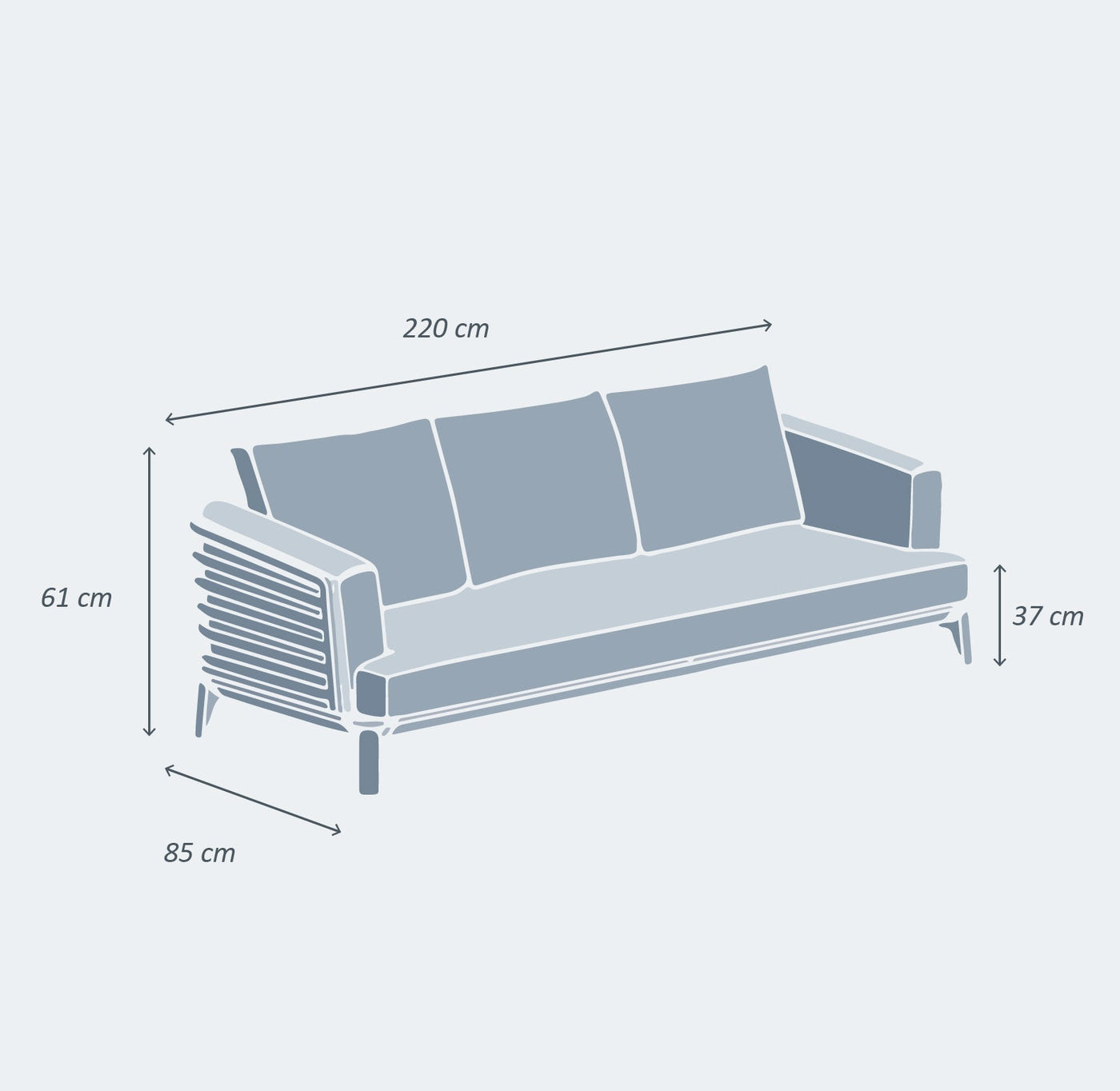 Canapé de jardin 3 places Meublot Monte Carlo avec coussins beige et structure en métal noir, extérieur élégant et confortable