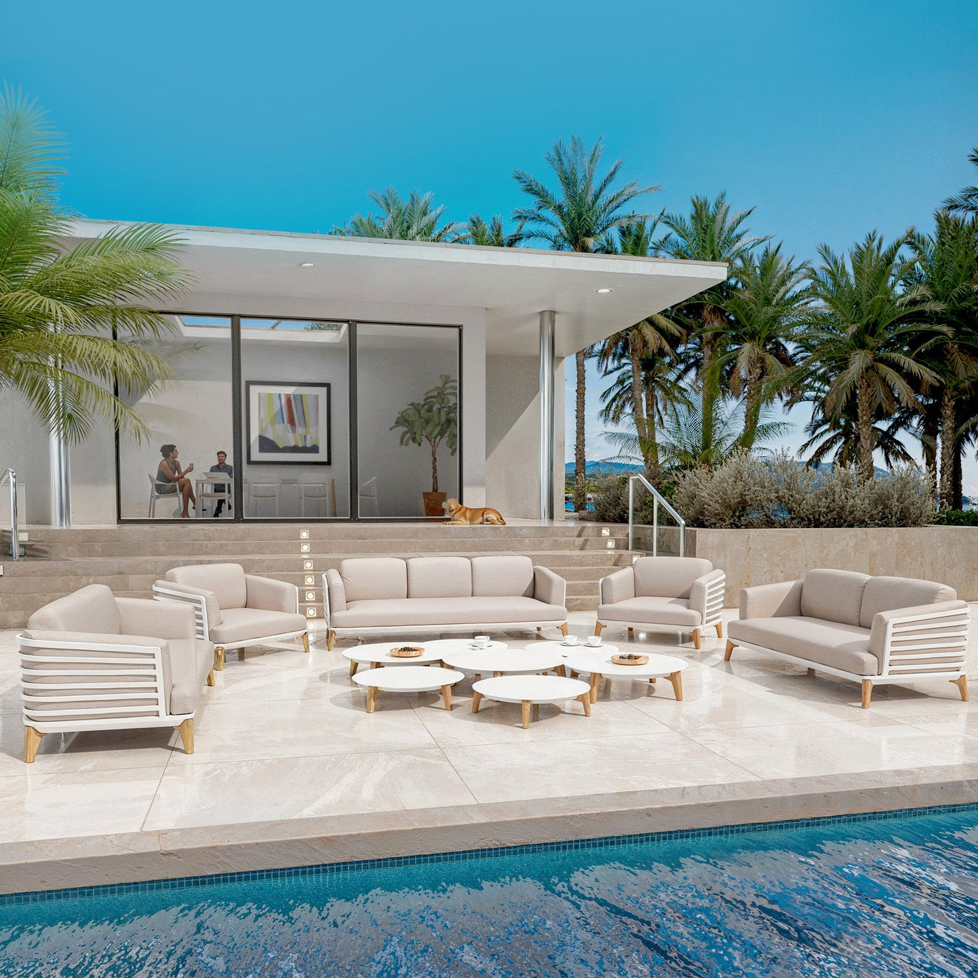 Canapé de jardin 3 places Monte Carlo de Meublot avec coussins confortables, design élégant et cadres en matériau résistant aux intempéries.