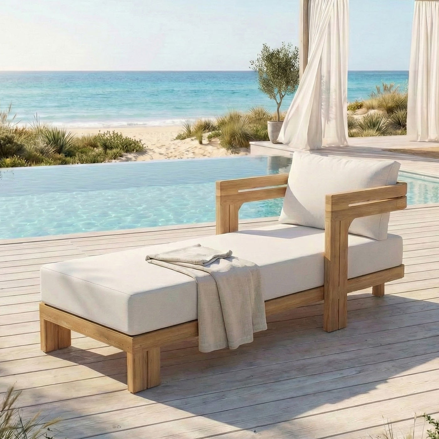 Canapé chaise longue de jardin en teck Zanzibar de Meublot, vue de face avec coussins confortables.