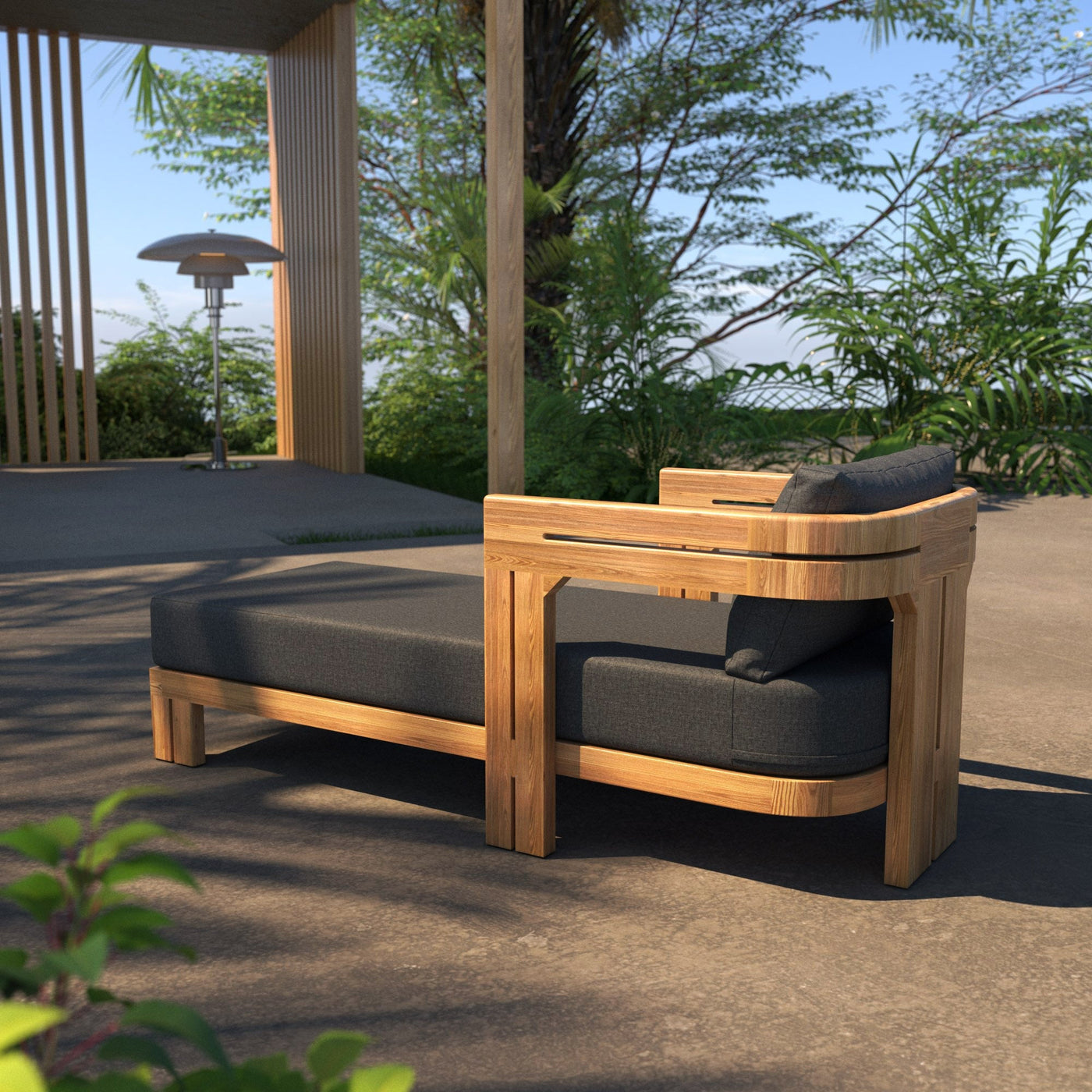 Chaise longue de jardin en teck Zanzibar de Meublot, assise grise, avec coussin confortable pour extérieur.