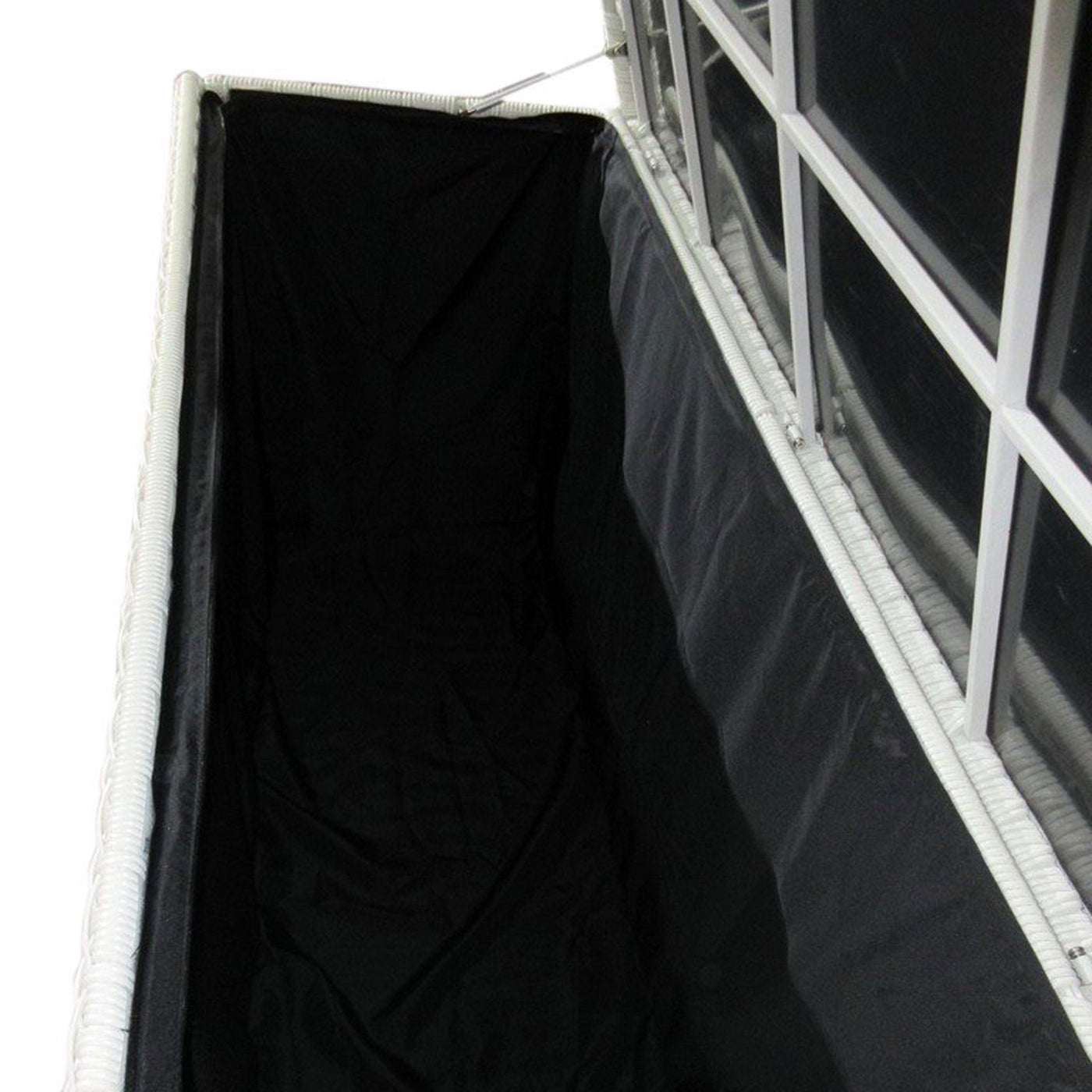 Coffre de rangement blanc Meublot Calvi, coffre de jardin en bois avec couvercle, idéal pour stockage extérieur.