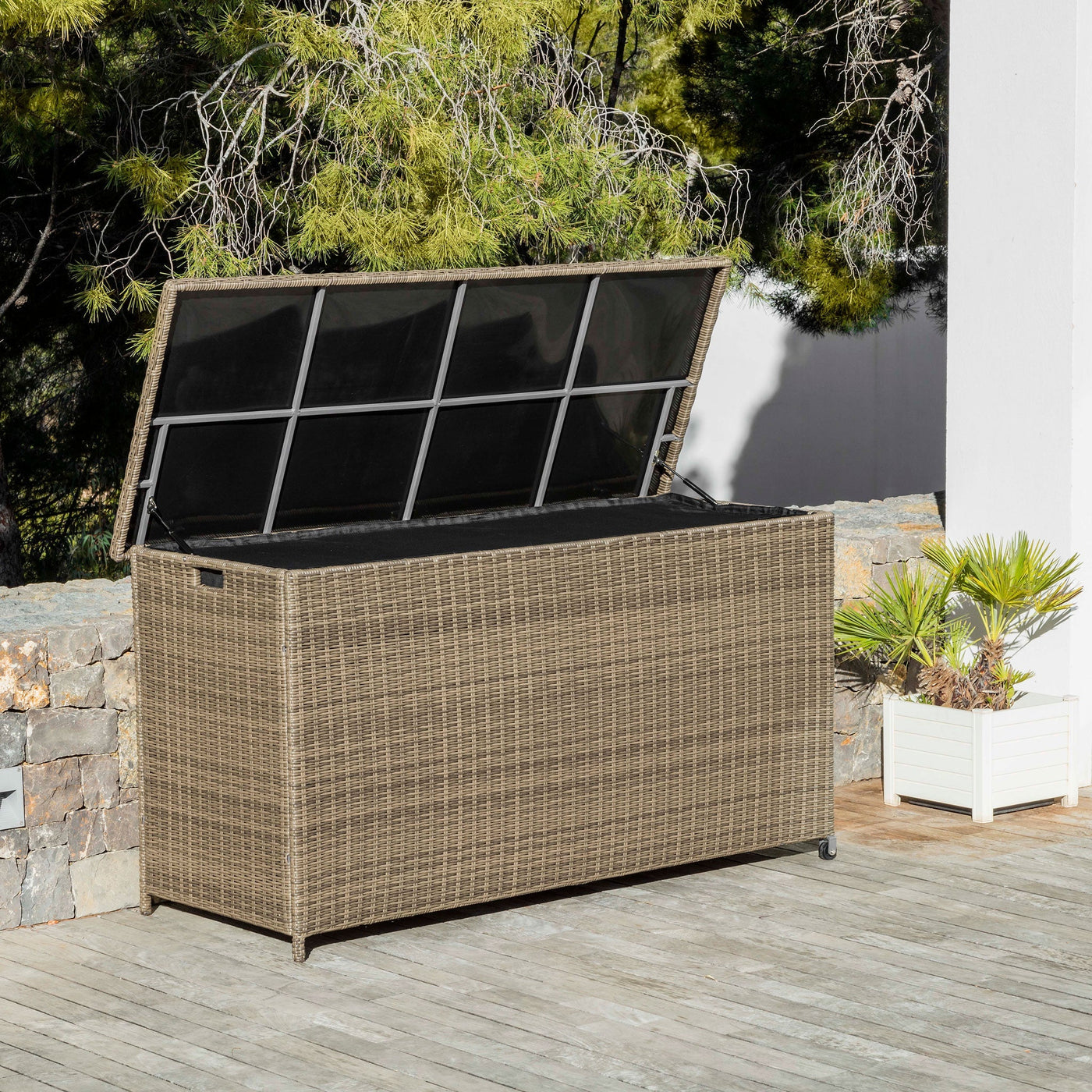 Coffre de rangement Calvi de Meublot pour jardin, coffre en bois avec finition sépia, idéal pour stocker outils et accessoires extérieurs.