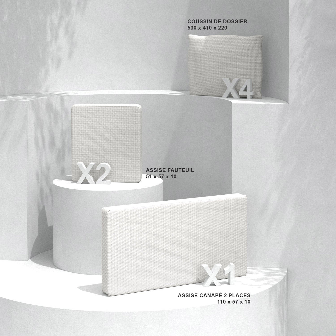 Coussins de remplacement pour salon de jardin Calvi 4 places, fauteuils et canapés, en blanc, par Meublot.