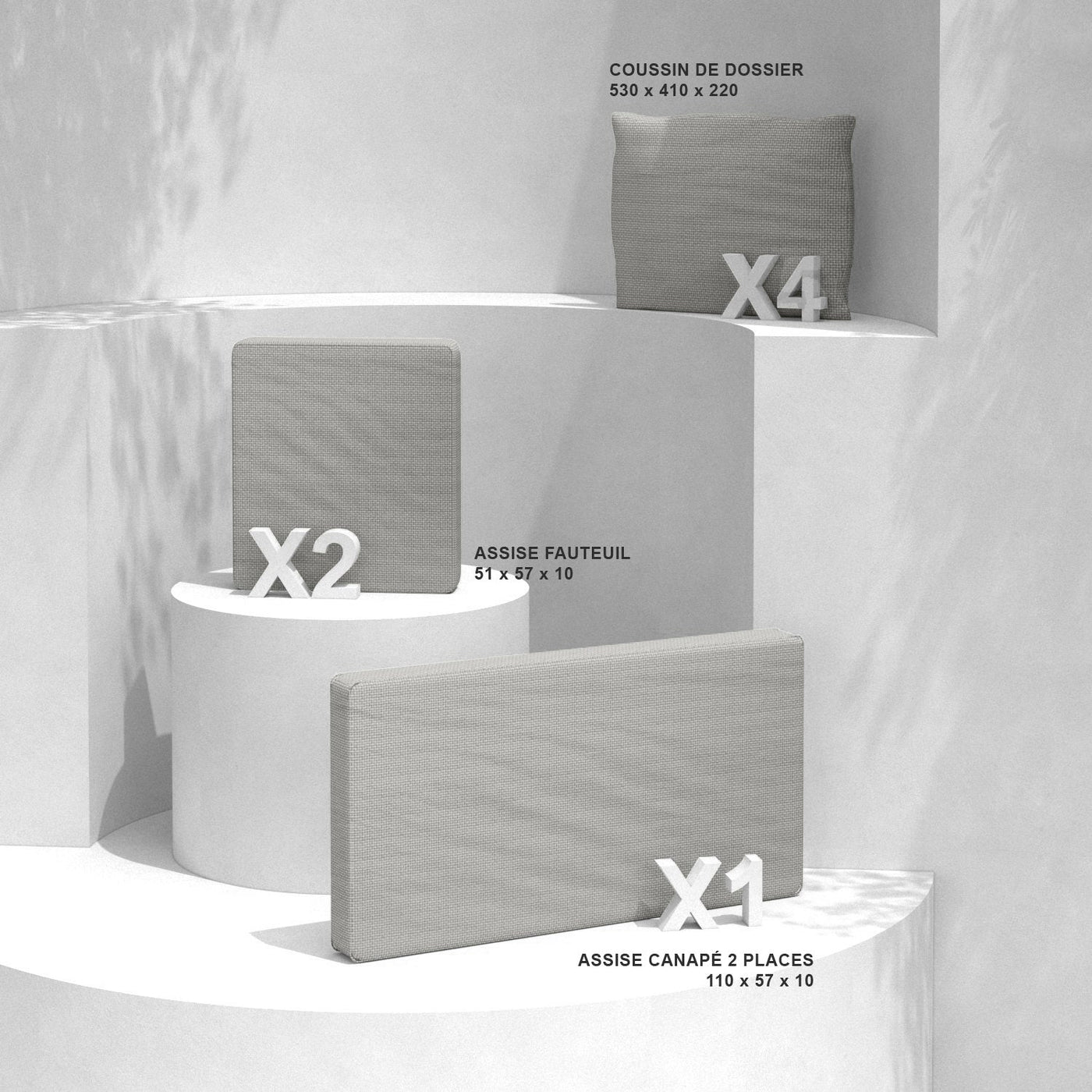 Coussins de remplacement taupe pour salon de jardin Calvi 4 places, pour fauteuils et canapés, marque Meublot