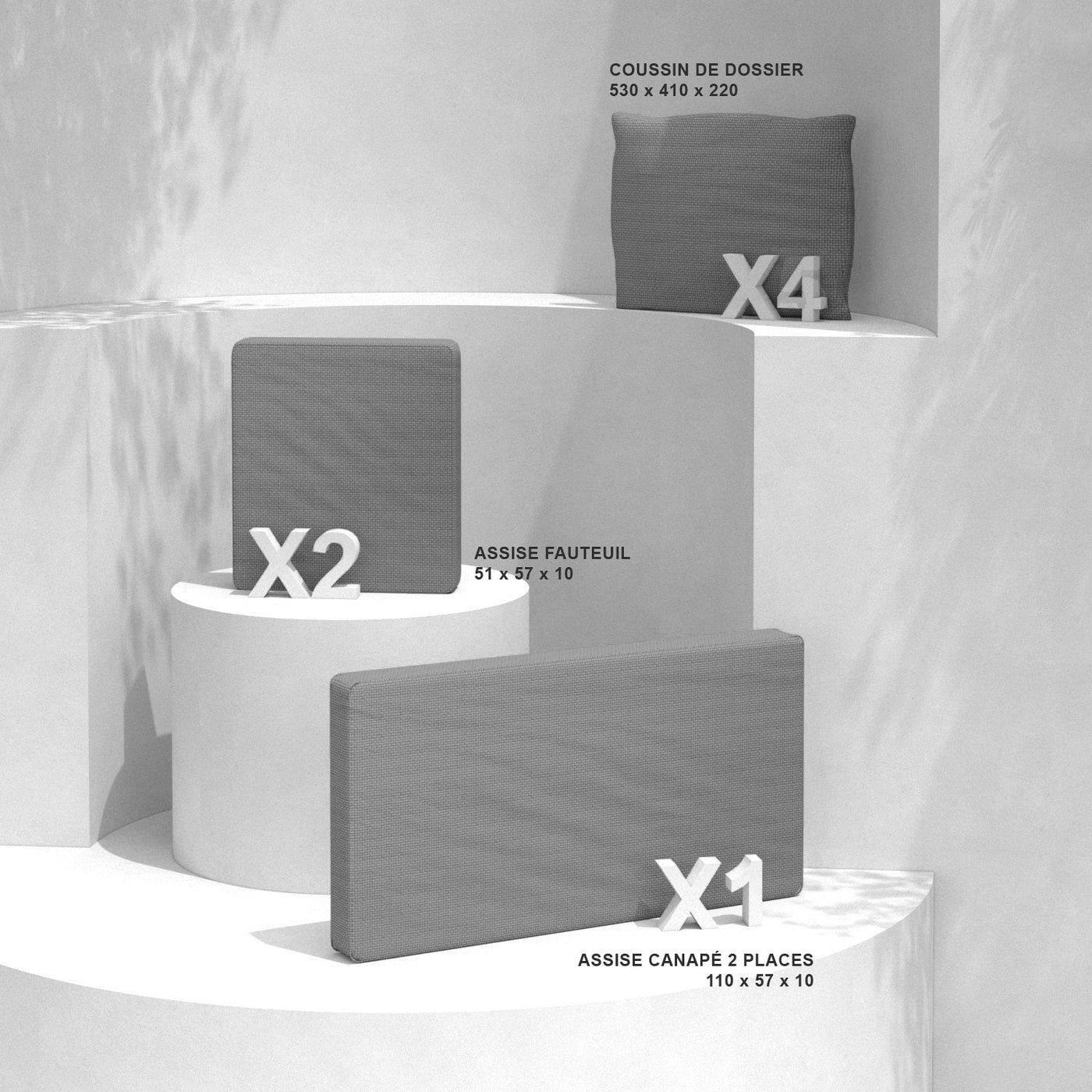 Coussins gris foncé pour fauteuils et canapés du salon de jardin Calvi 4 places, marque Meublot.