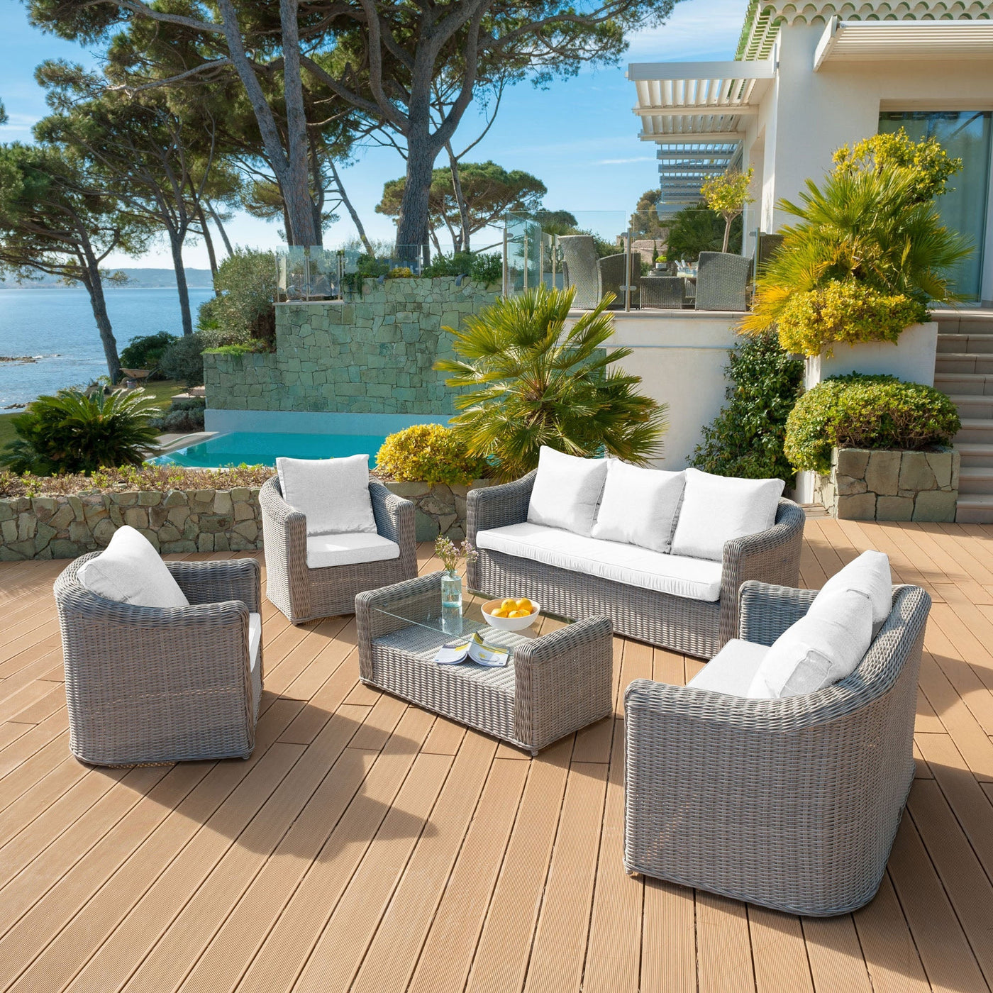 Coussins de remplacement pour salon de jardin Calvi 4 places, pour fauteuils et canapés, blanc, marque Meublot.