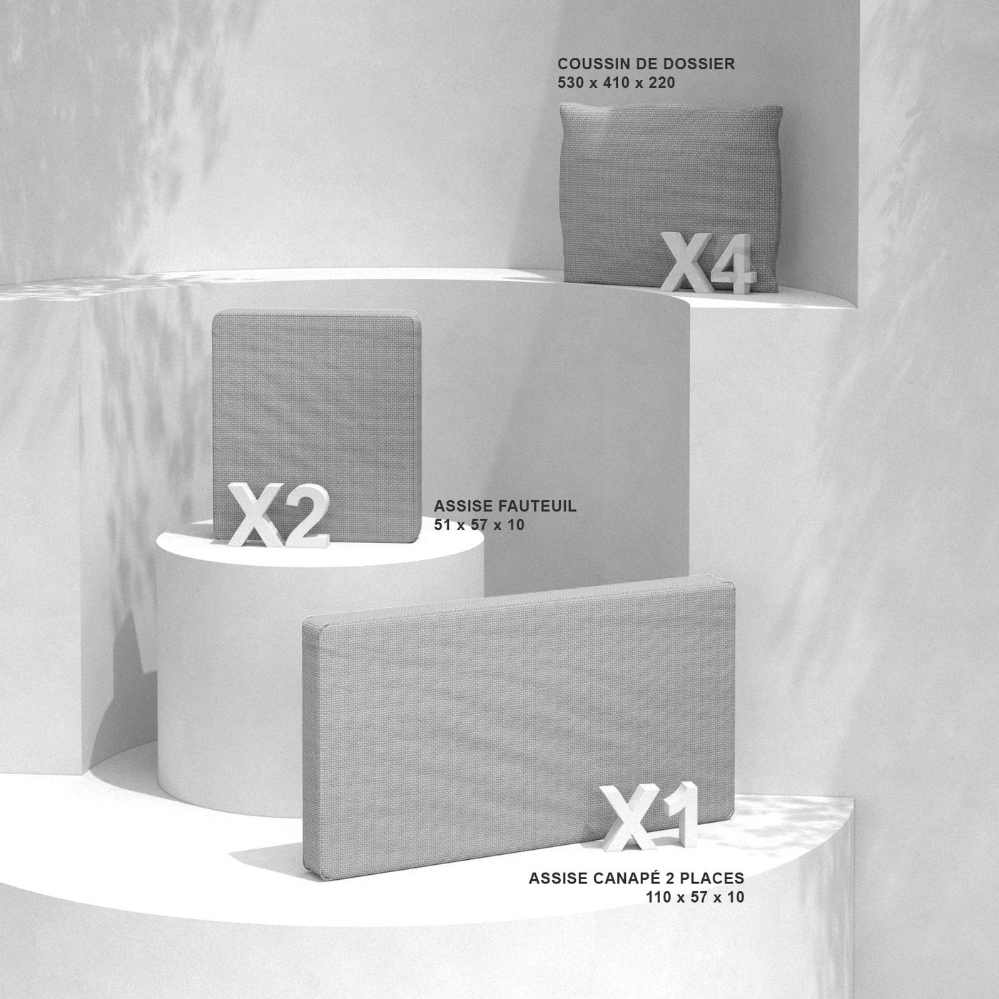 Coussins de remplacement pour salon de jardin Calvi 4 places, gris clair, pour fauteuils et canapés, marque Meublot