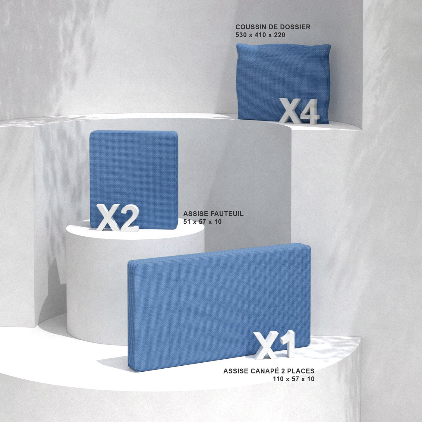 Coussins de remplacement bleus pour fauteuils et canapés du salon de jardin Calvi 4 places Meublot, confortables et résistants.