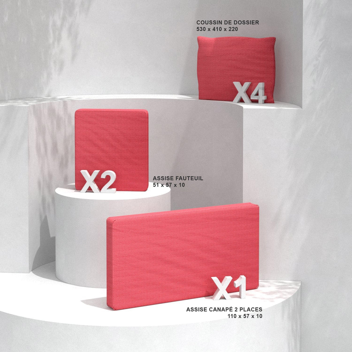 Coussins de remplacement pour salon de jardin Calvi 4 places, fauteuils et canapés, en tissu rouge, marque Meublot.