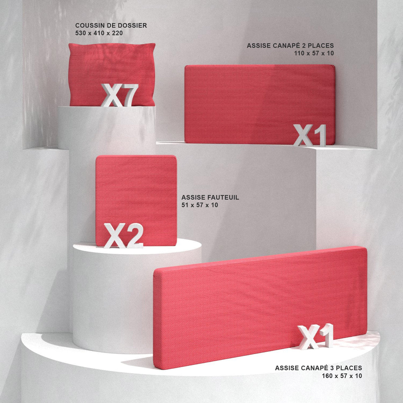 Coussins rouges pour fauteuils et canapé de salon de jardin Calvi 7 places, coussins de remplacement Meublot.