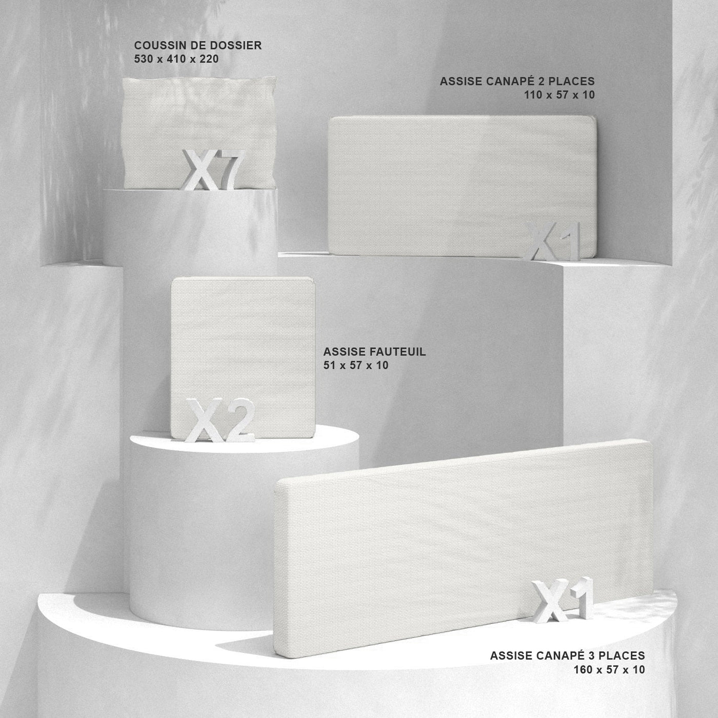 Coussins de remplacement blancs pour fauteuils et canapés du salon de jardin Calvi 7 places, marque Meublot.