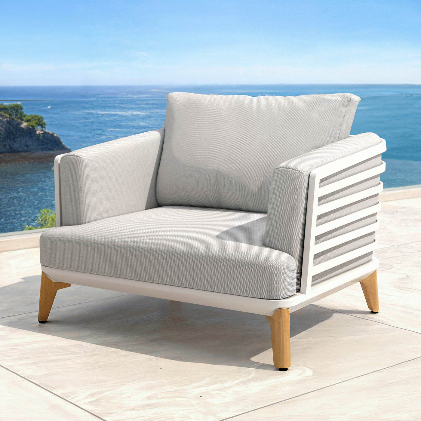 Fauteuil de jardin Monte Carlo Meublot avec structure blanche et coussin gris nuage, style moderne et confortable.