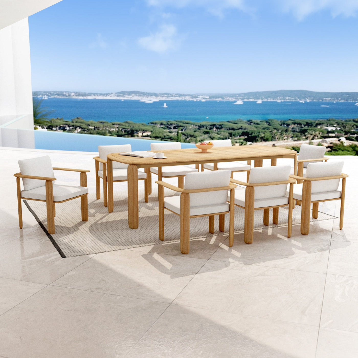 Fauteuil de jardin en teck Java de Meublot, design élégant pour repas en extérieur, visible avec coussin beige.