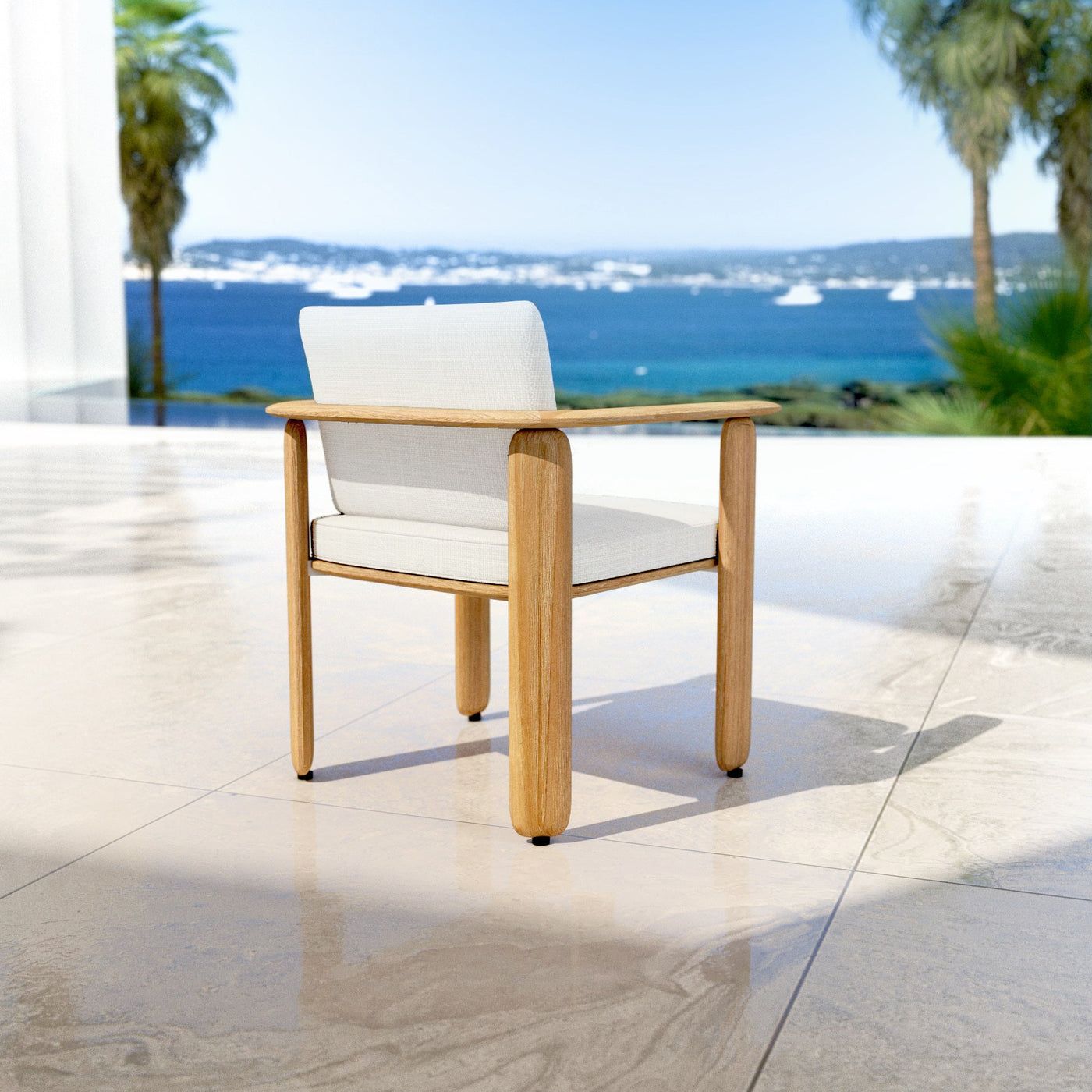 Fauteuil de jardin en teck Java de Meublot, vue de dos, avec design élégant pour repas en extérieur.