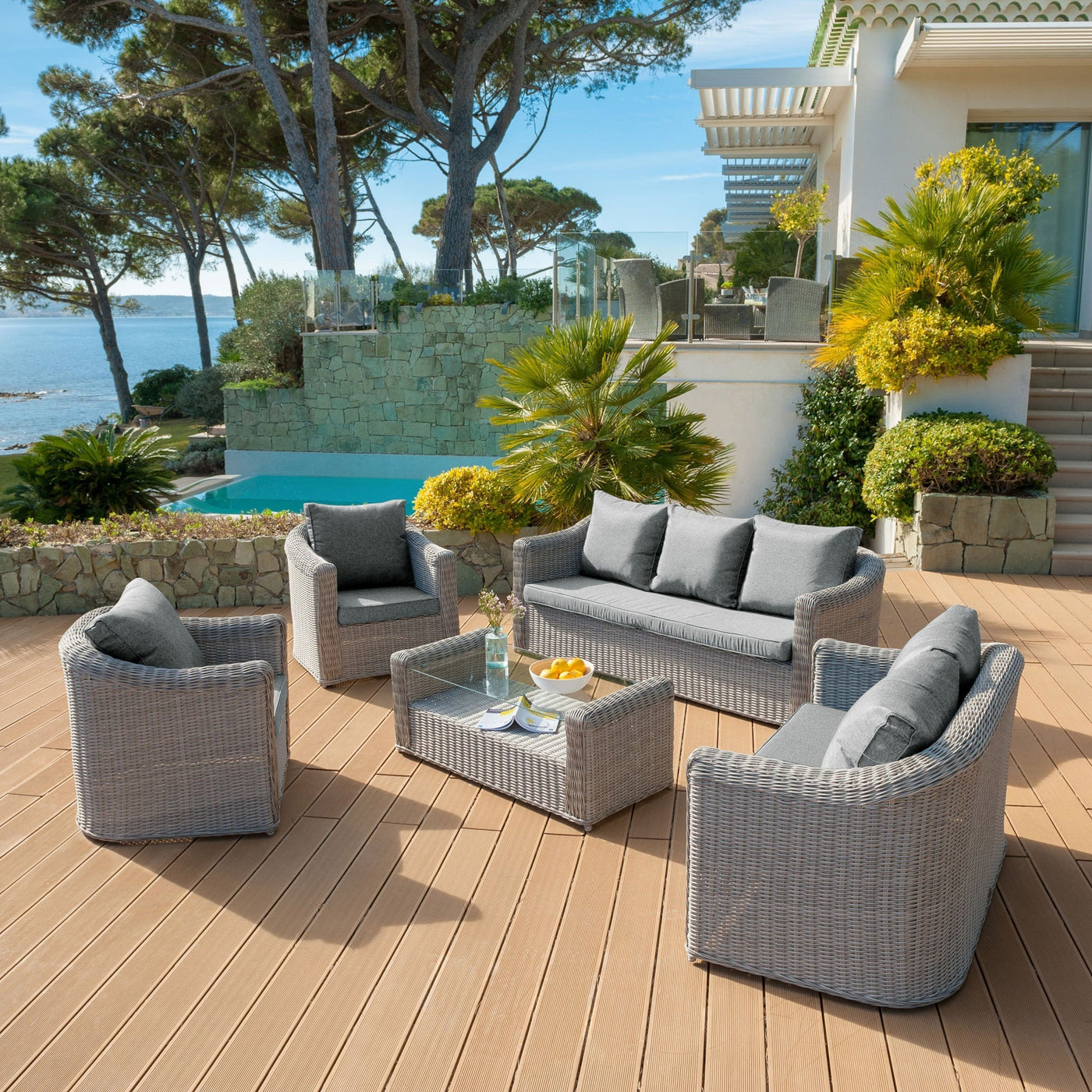 Housse de coussin pour salon de jardin Calvi 4 places, gris clair, pour fauteuils et canapés, marque Meublot.