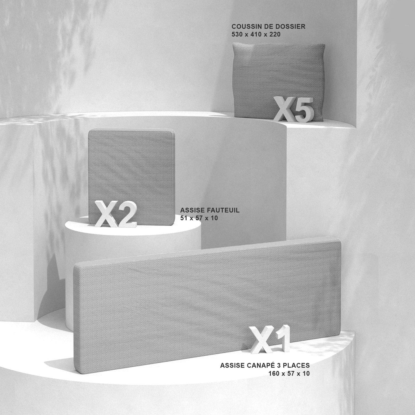 Housse de coussins pour salon de jardin Calvi 5 places, couleur gris clair, adaptée aux fauteuils et canapés, marque Meublot