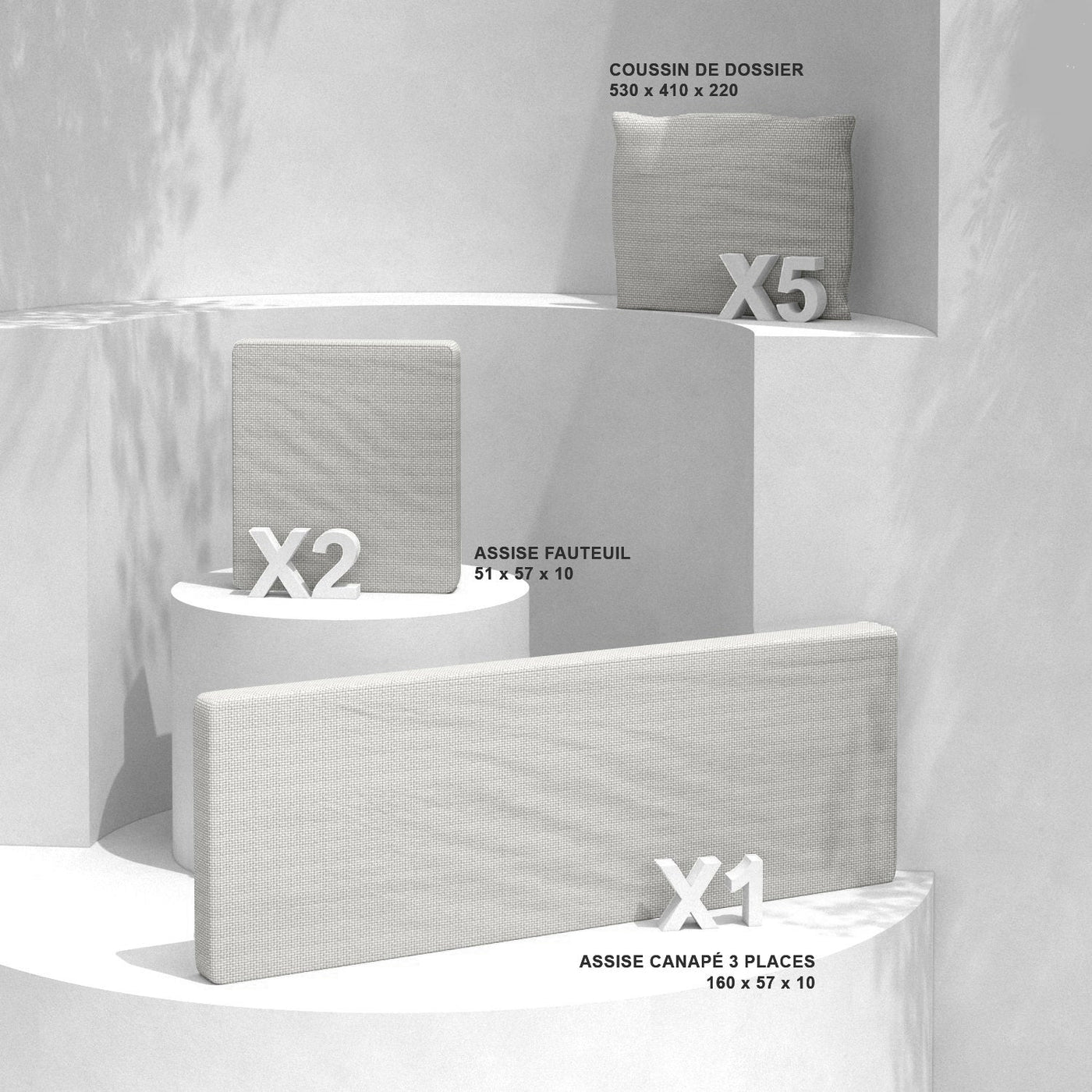 Housse de coussins beige pour salon de jardin Calvi 5 places, coussins pour fauteuils et canapés, marque Meublot.