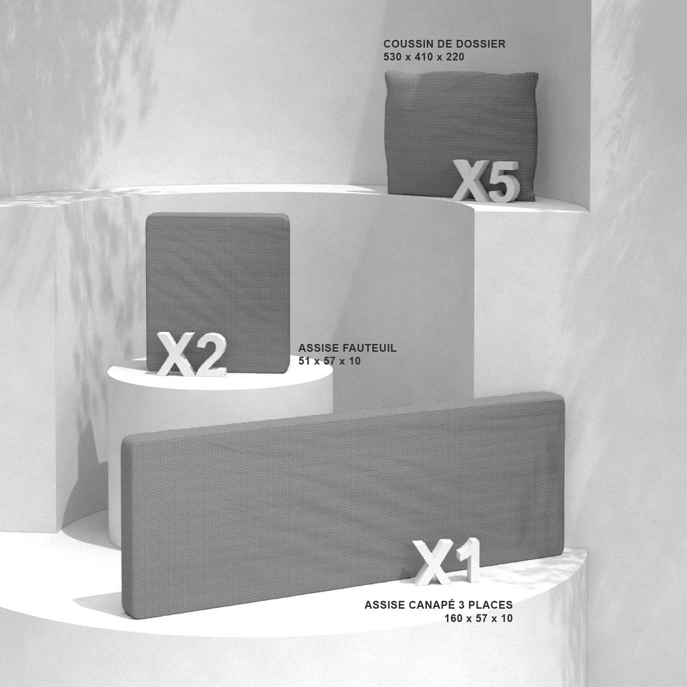 Housse de coussin gris foncé pour salon de jardin Calvi 5 places, adaptée aux fauteuils et canapés, marque Meublot.