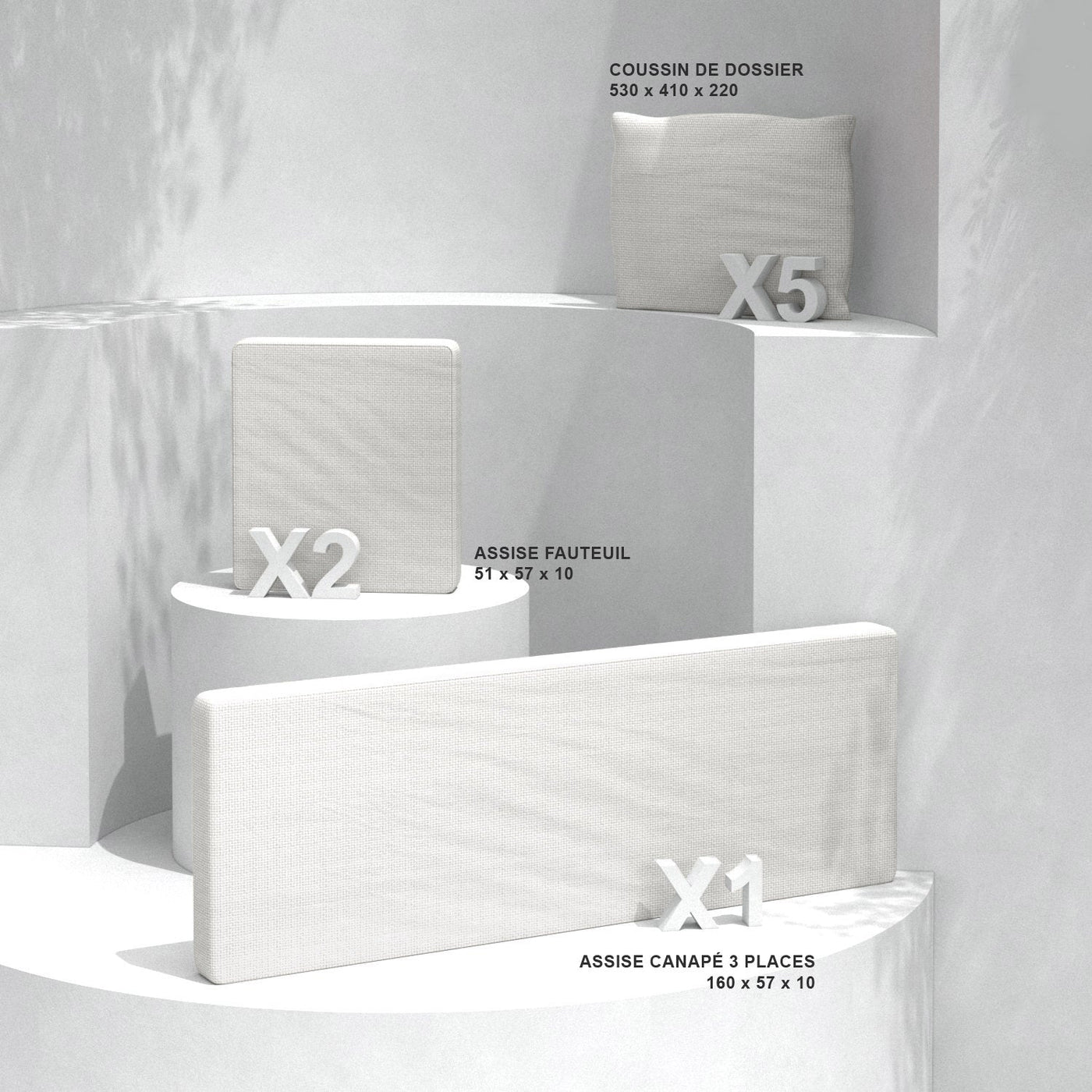 Housse de coussin blanc pour salon de jardin Calvi 5 places, coussins pour fauteuils et canapés, marque Meublot.