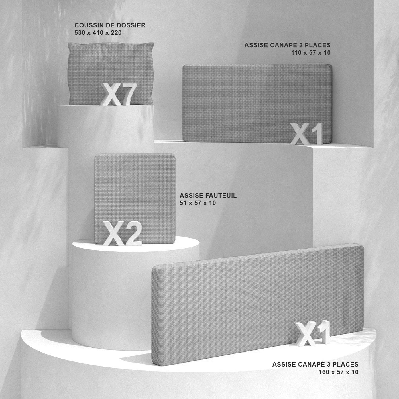 Housse de coussin gris clair pour salon de jardin Calvi 7 places, coussins pour fauteuils et canapés Meublot.