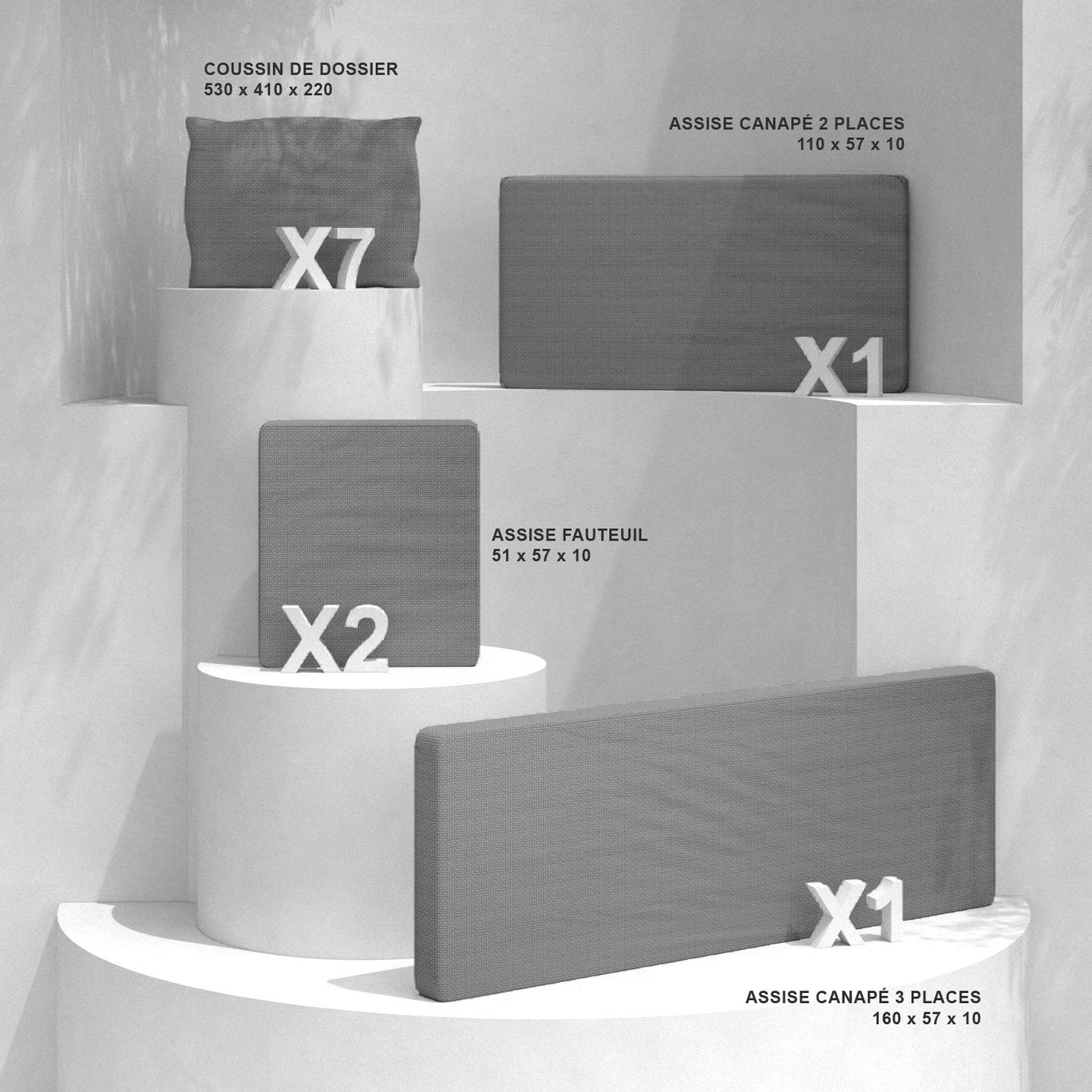 Housse de coussins gris foncé pour salon de jardin Calvi 7 places, coussins de remplacement Meublot pour fauteuils et canapés.