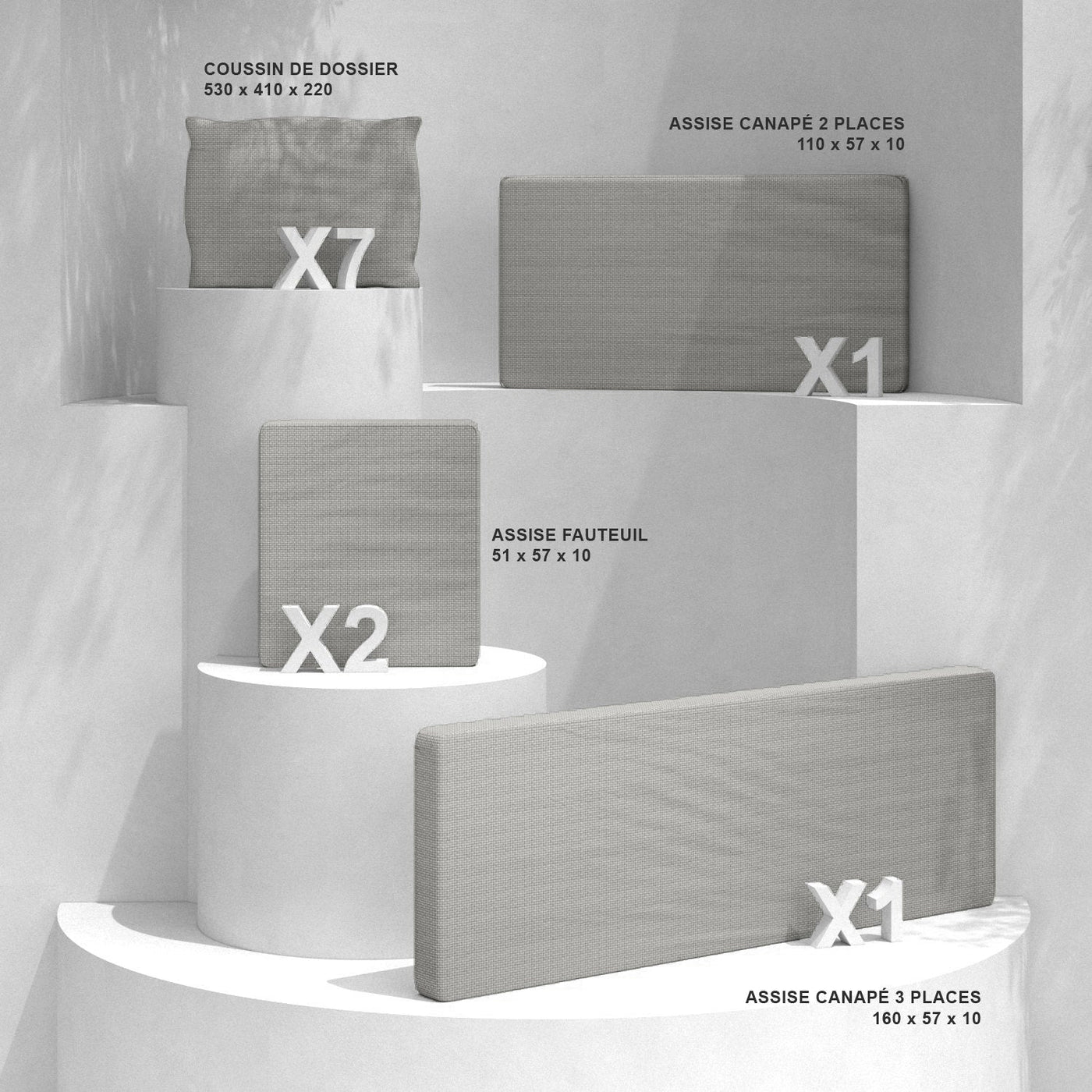 Housse de coussins taupe pour salon de jardin Calvi 7 places, coussins pour fauteuils et canapés, marque Meublot