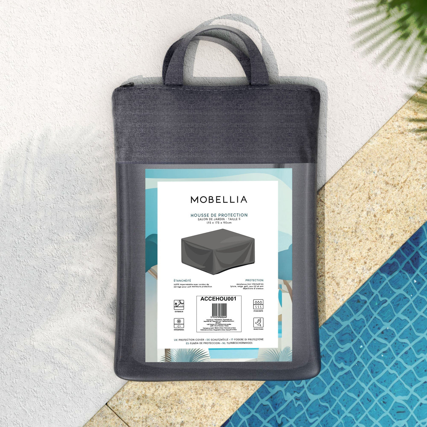 Housse de protection imperméable pour salon de jardin Meublot, résistante aux intempéries et adaptée à l'extérieur.