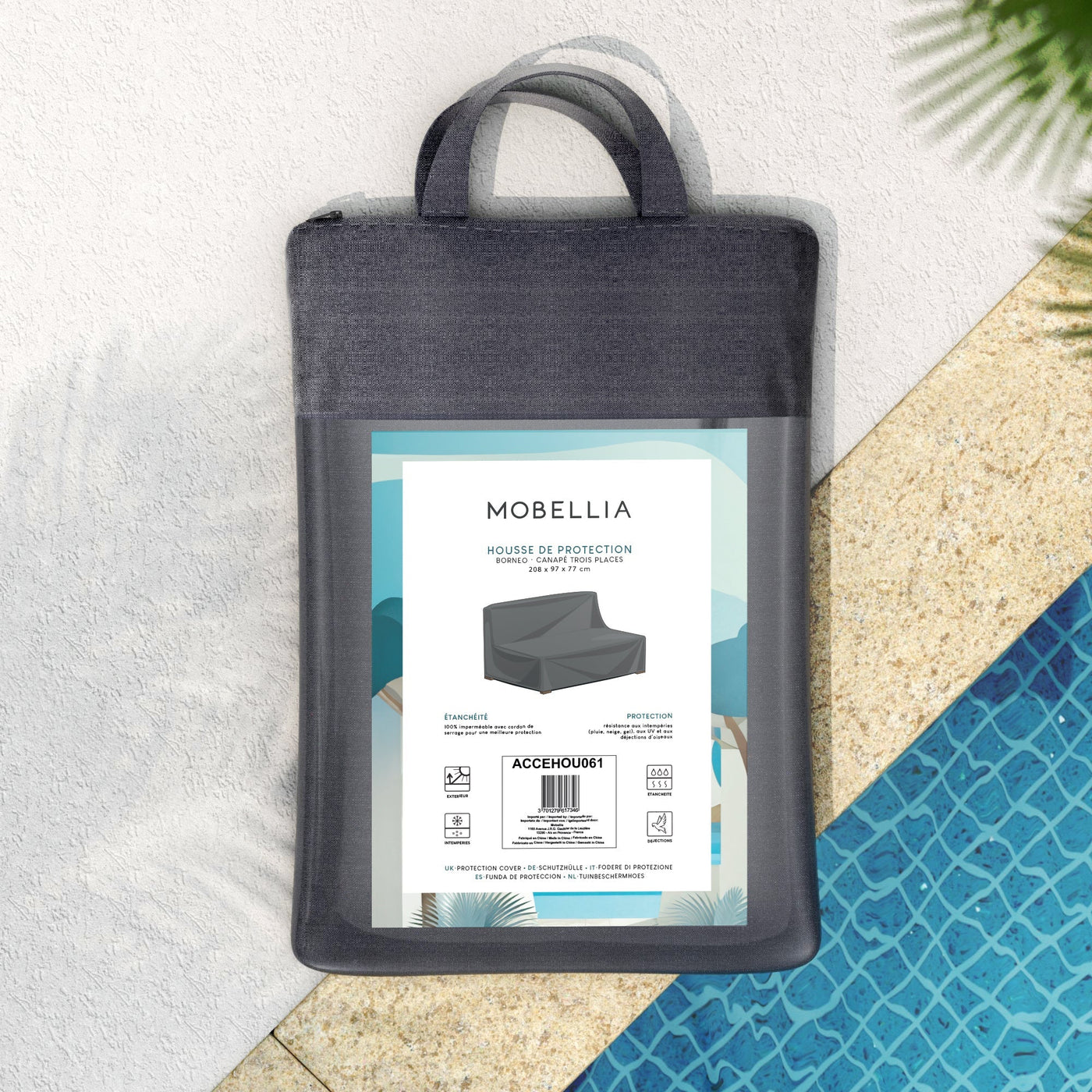 Housse de protection pour canapé 3 places Bornéo de Meublot, tissu durable, en gris, couvrant le canapé avec style et confort