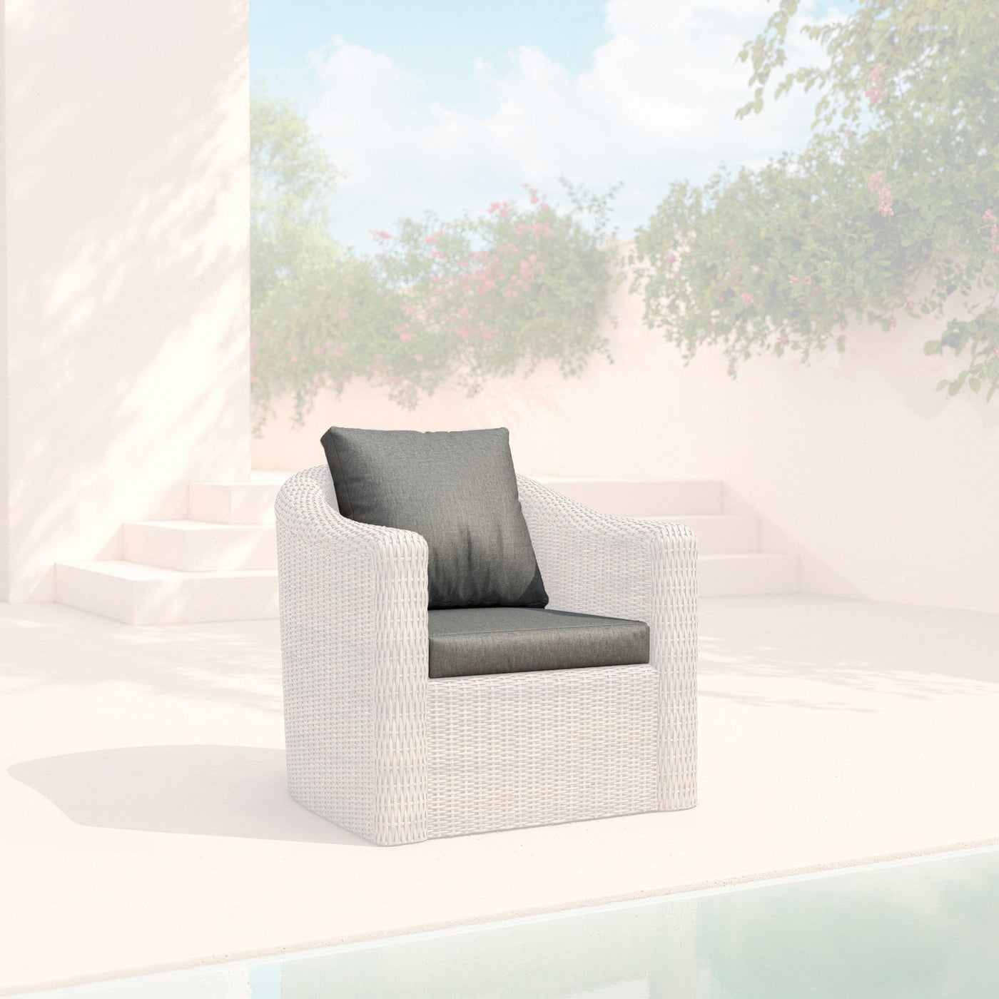 Housse de coussin pour fauteuil Calvi de Meublot en tissu sepia anthracite, avec motif élégant et finition soignée.