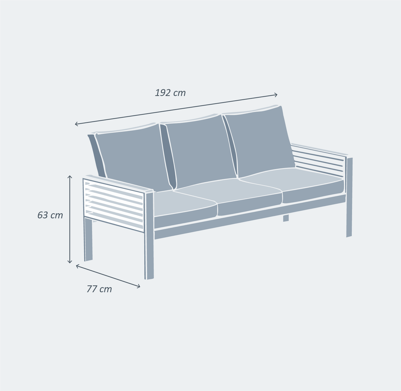 Canapé de jardin Bali 3 places de la marque Meublot, salon de jardin pour 5 personnes avec coussins confortables.