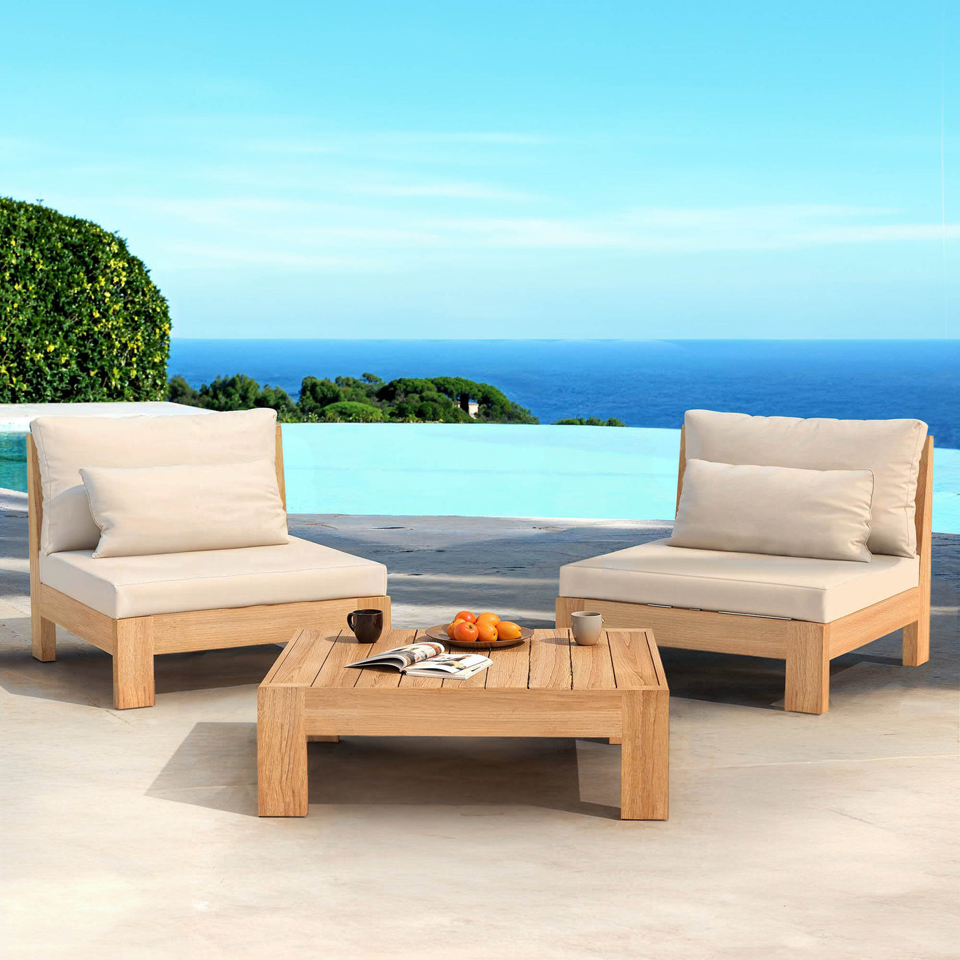 Fauteuil de salon de jardin Bornéo 2 places en beige de la marque Meublot, avec coussins confortables.