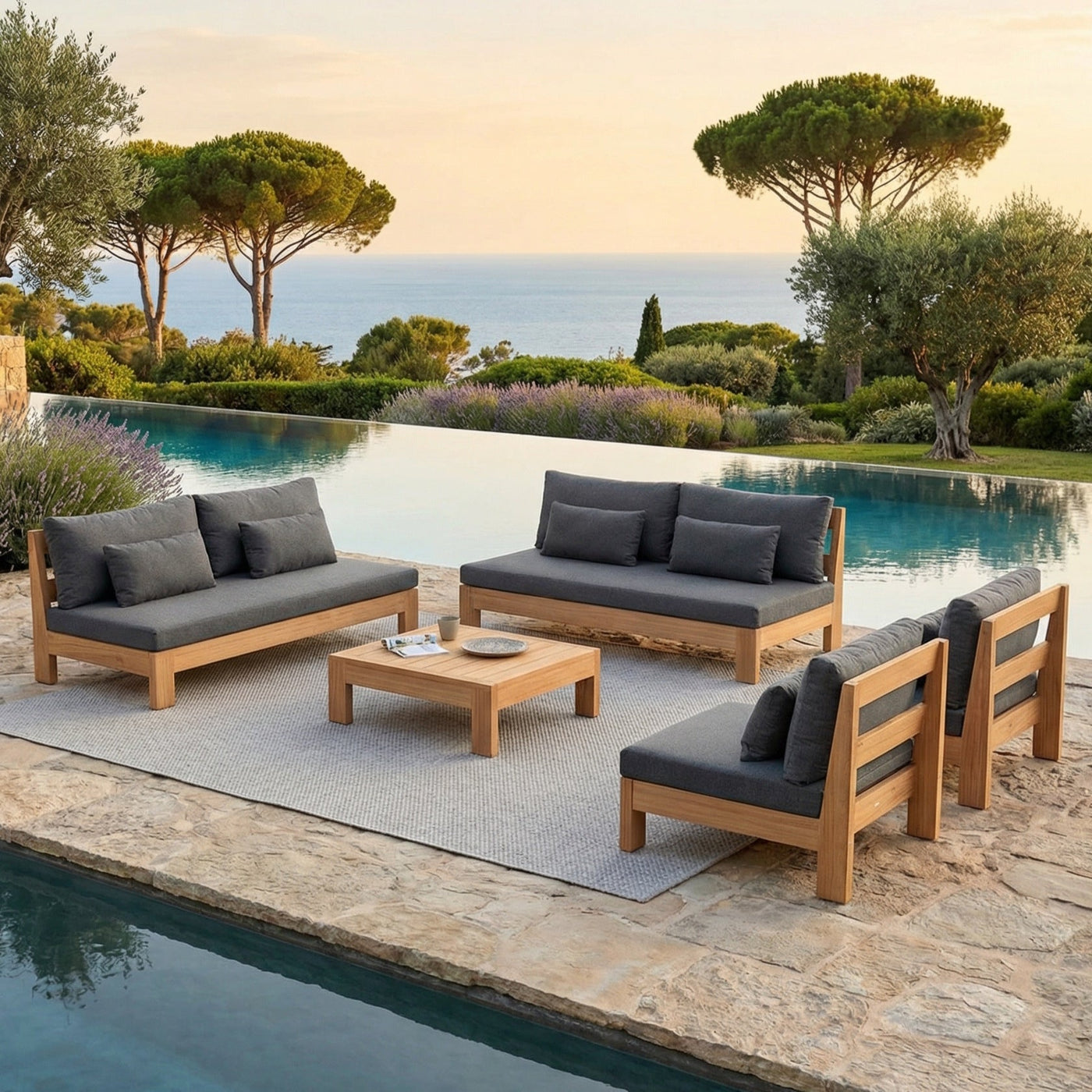 Salon de jardin Bornéo 8 places de Meublot avec fauteuils anthracite et table en bois pour extérieur.