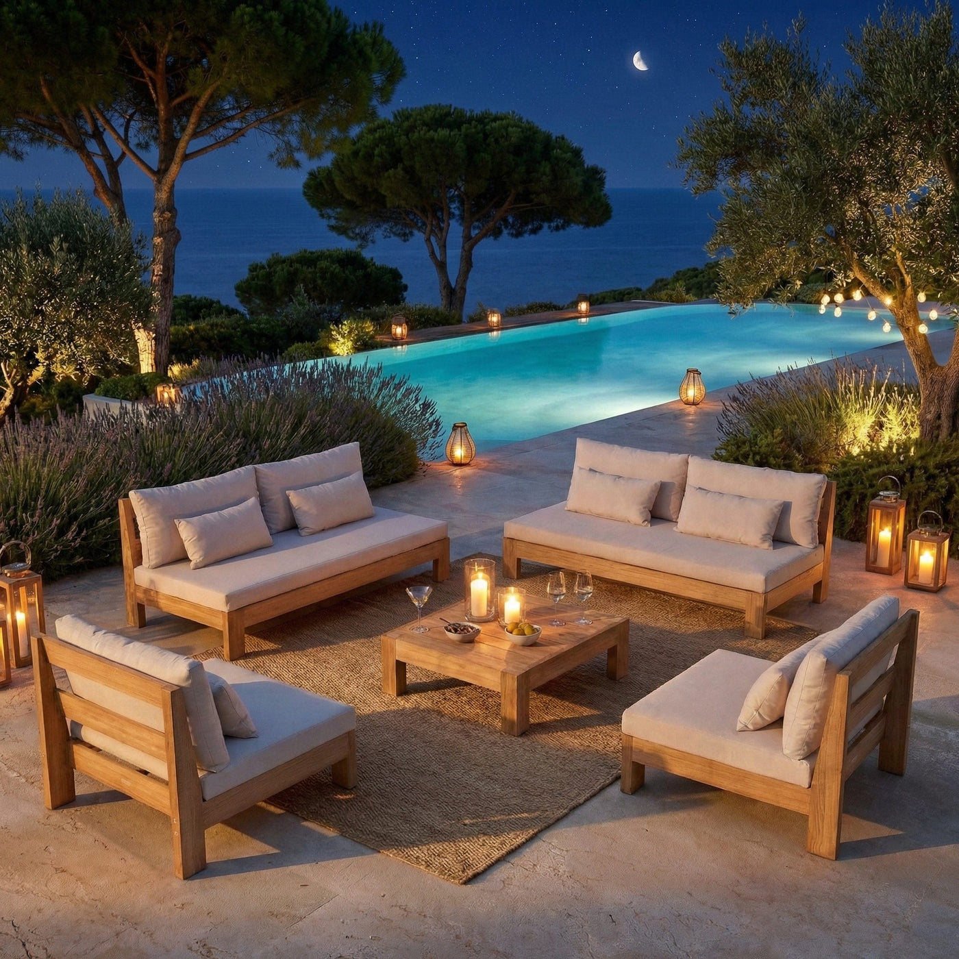 Salon de jardin Bornéo Meublot avec table et 8 chaises en teck, adapté pour repas en extérieur, dans un jardin en plein air.