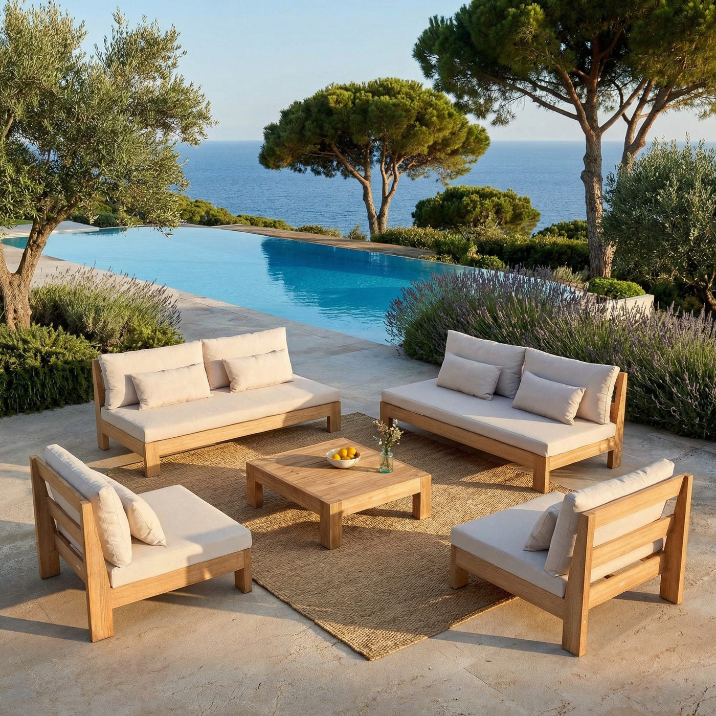 Salon de jardin Bornéo 8 places en teck, table et chaises élégantes, meubles d’extérieur modernes de la marque Meublot.