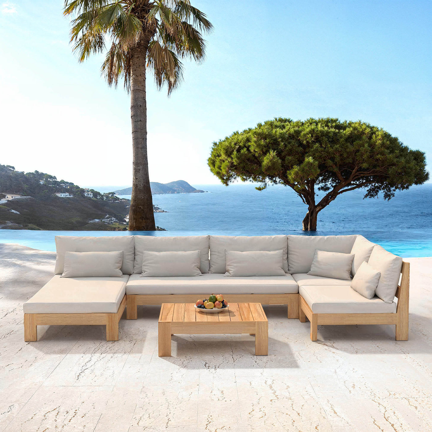 Salon de jardin Bornéo 5 places avec méridienne, structure en beige, mobilier d'extérieur élégant de la marque Meublot.