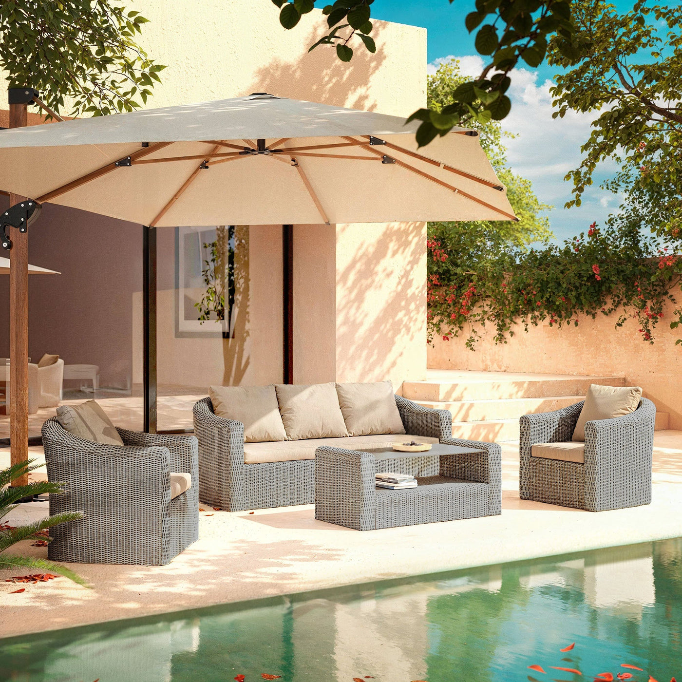 Salon de jardin Calvi 5 places de Meublot, ensemble de salon extérieur gris taupe avec coussins confortables.