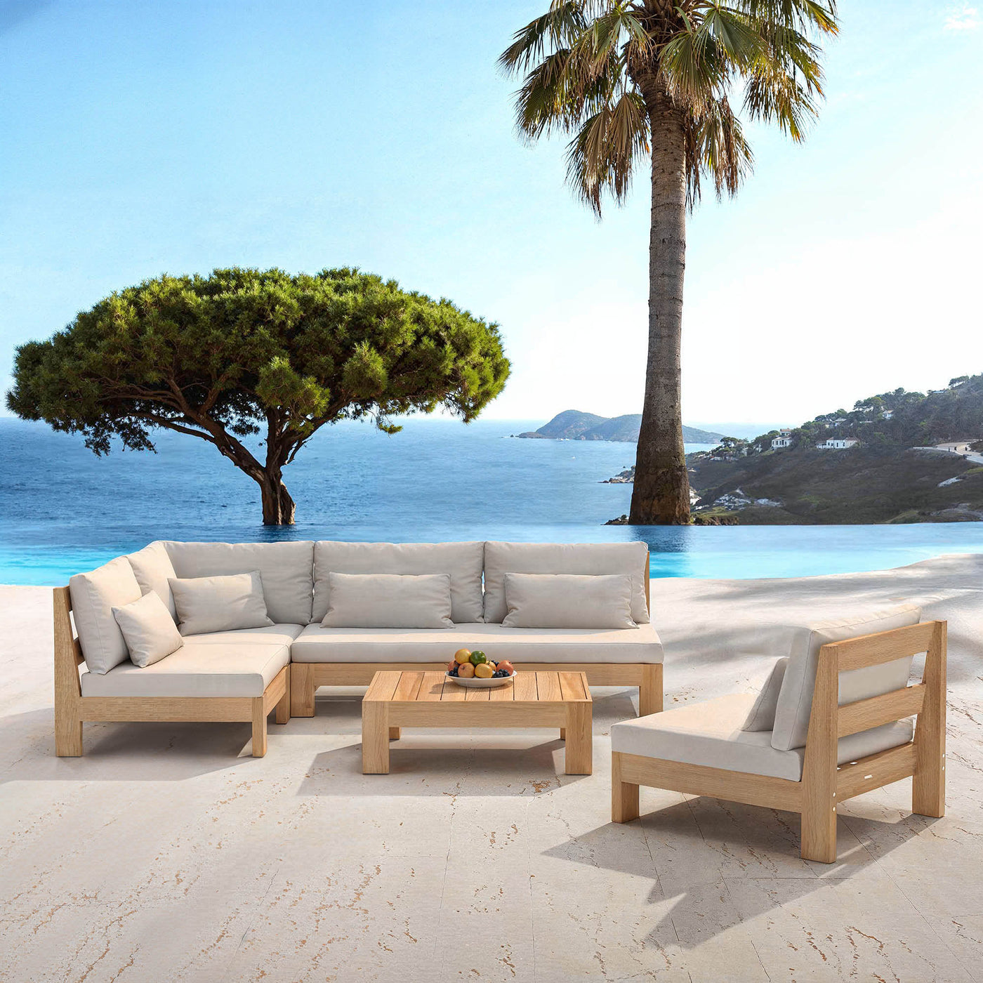 Salon de jardin d'angle Bornéo Meublot, ensemble de mobilier extérieur beige avec coussins pour 6 personnes, vue de l'ensemble.
