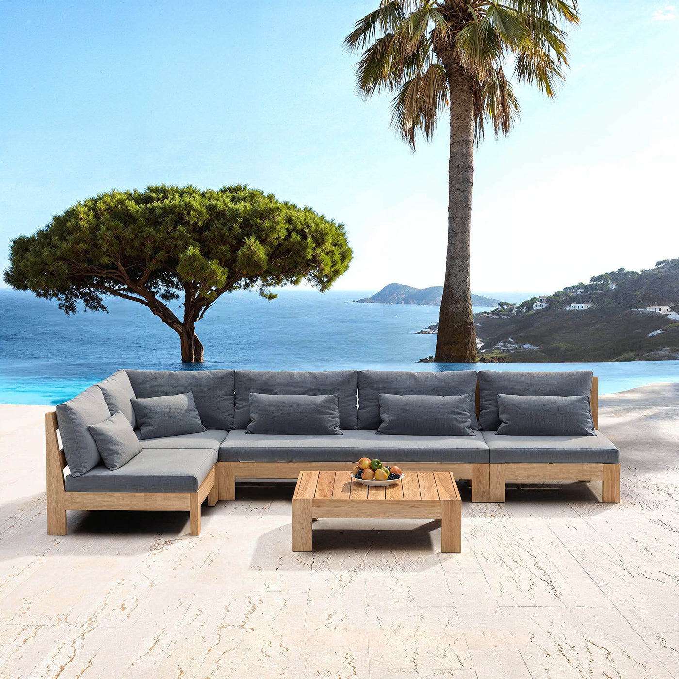 Salon de jardin d'angle Bornéo Meublot, ensemble de 6 places avec coussins anthracite, mobilier extérieur élégant et confortable.