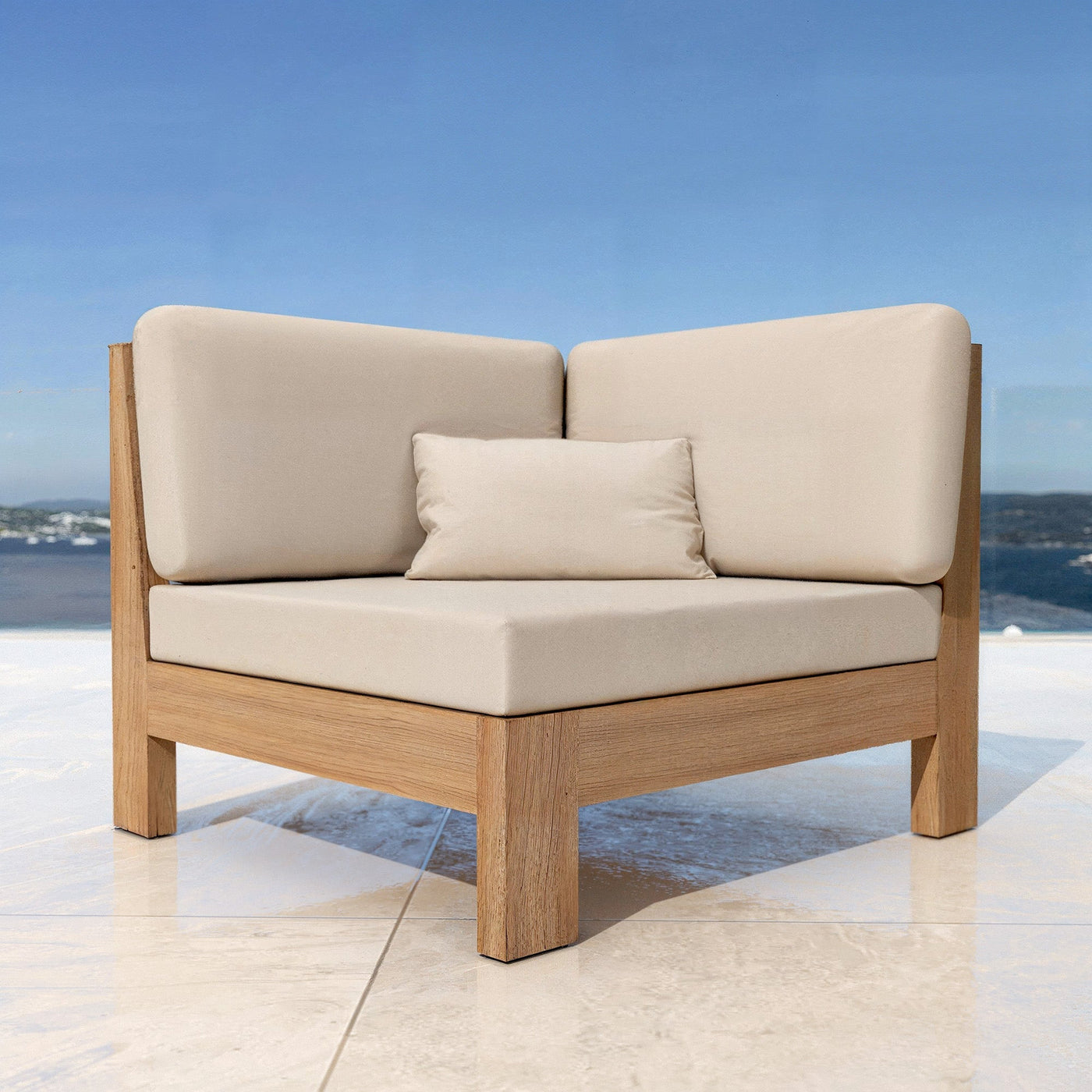 Coin de salon de jardin d'angle Bornéo Meublot beige avec coussins, 7 places, design moderne et confortable.