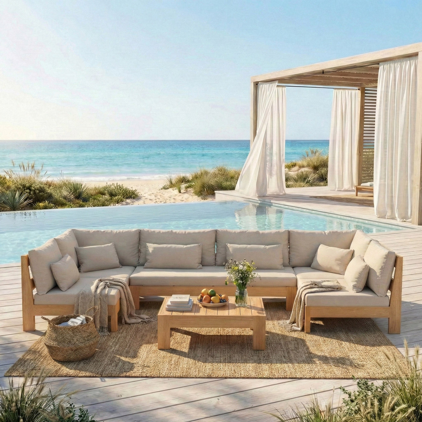 Salon de jardin d'angle Bornéo 7 places en teck, mobilier extérieur élégant et spacieux, conçu par Meublot.