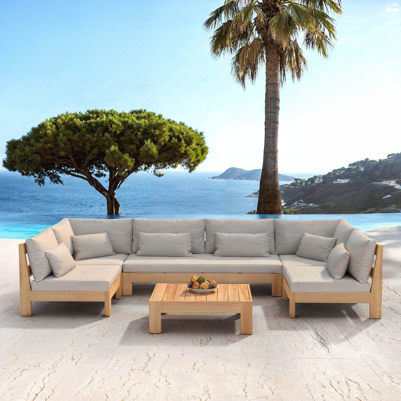 Salon de jardin d'angle Meublot Bornéo 7 places en beige avec coussins confortables, idéal pour l'extérieur.