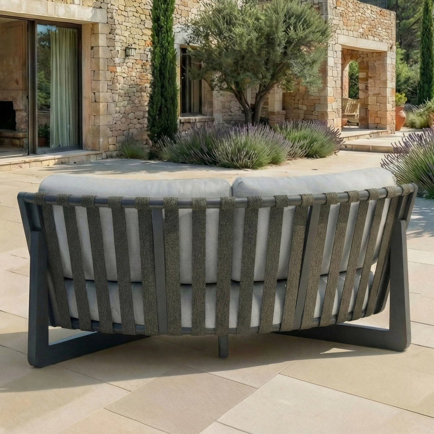 Salon de jardin d'angle Long Beach pour 5 personnes, ensemble de meubles de jardin coloré et confortable.