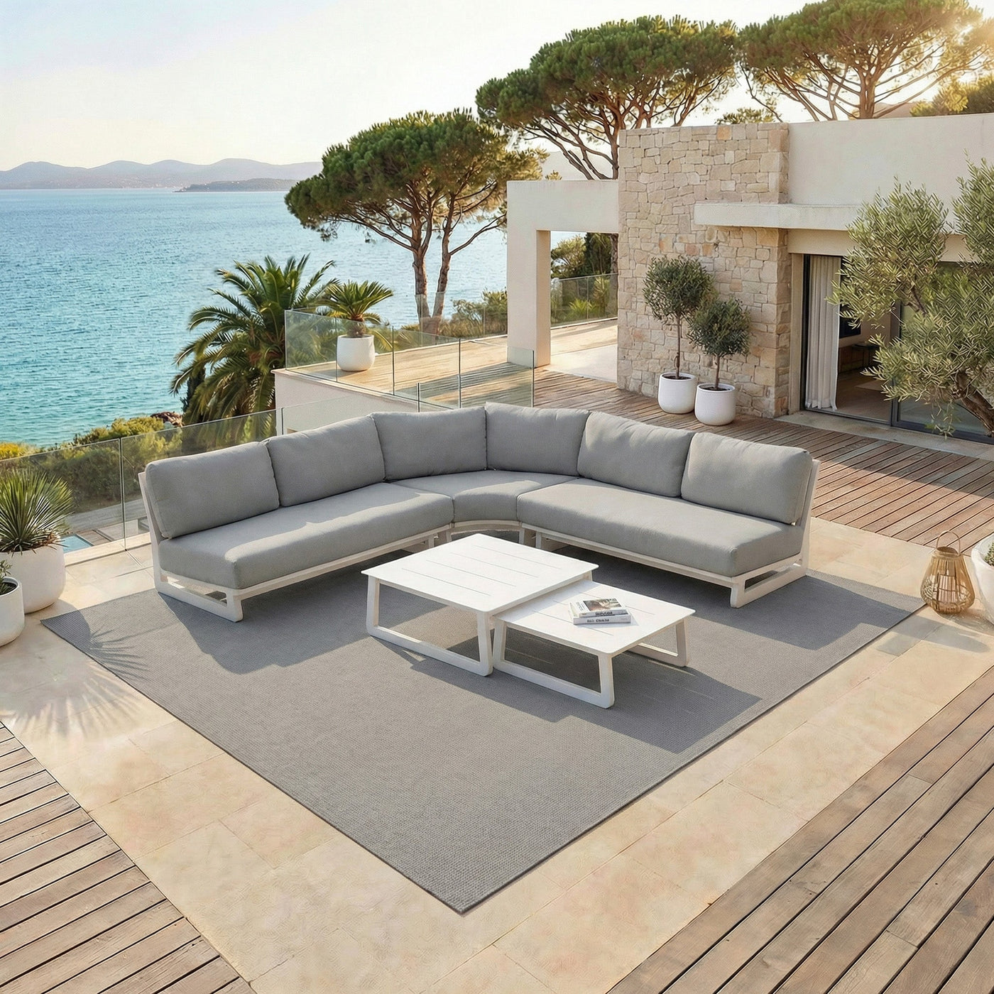 Salon de jardin d'angle Long Beach Meublot, ensemble de 5 places avec coussins confortables et structure en résine tressée.