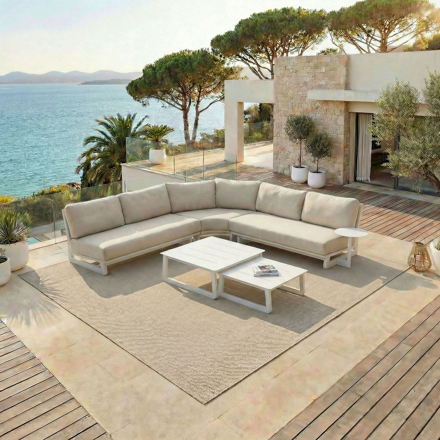 Salon de jardin d'angle Long Beach Meublot pour 5 personnes avec coussins confortables, design moderne et espace convivial.