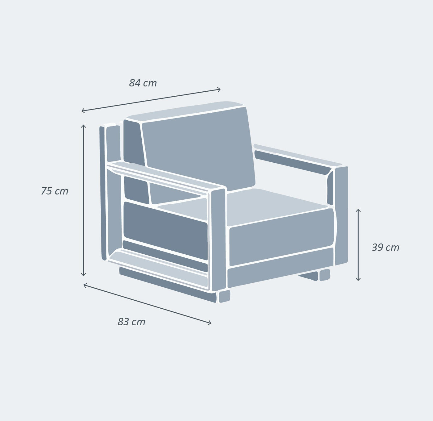 Fauteuil du salon de jardin Elba Meublot, 7 places, avec coussins, en bois et tissu coloré, pour espace extérieur convivial.