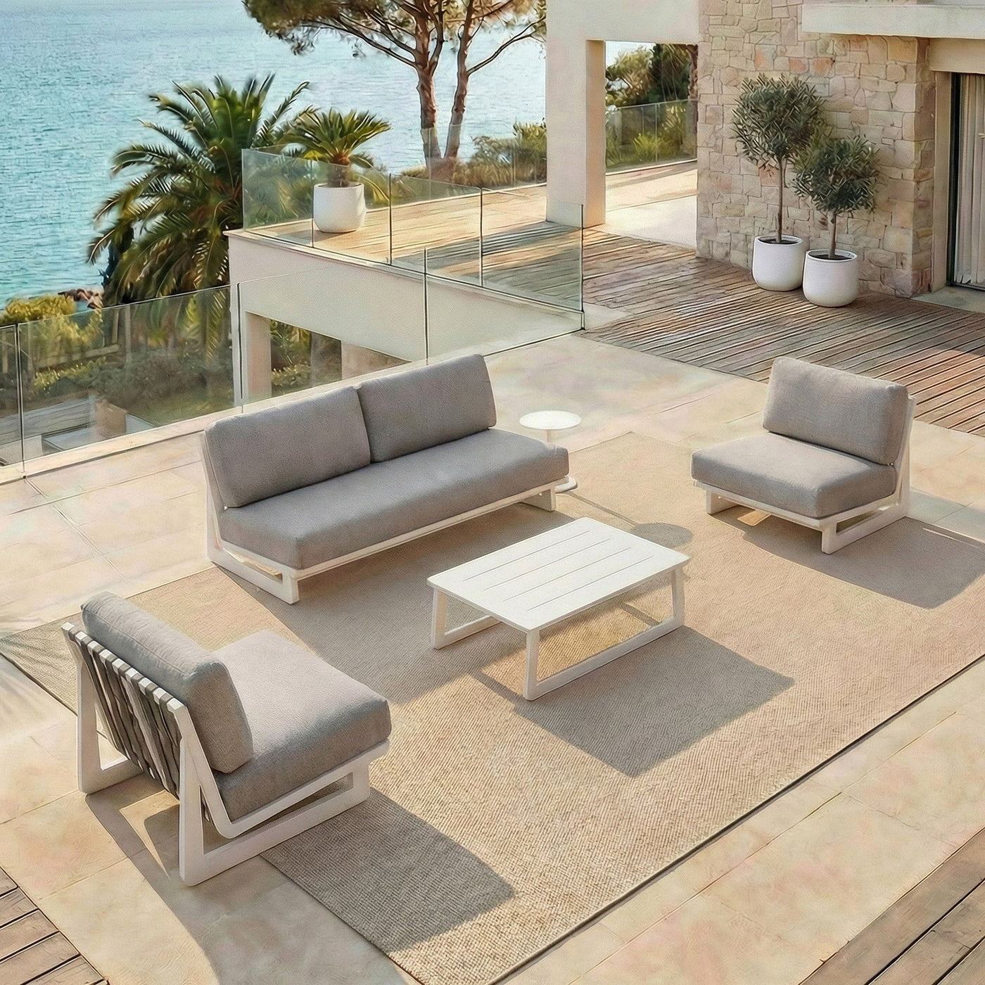 Salon de jardin Long Beach Meublot pour 4 personnes, ensemble de meubles d'extérieur avec table et chaises en bois et métal.