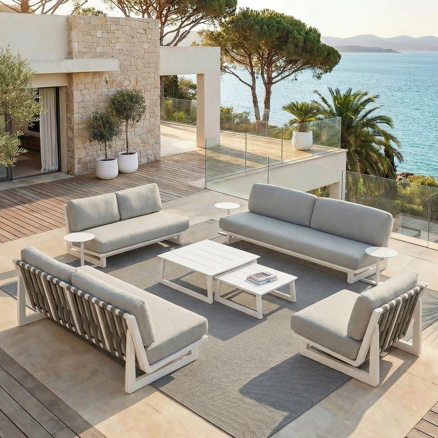 Salon de jardin Long Beach 7 places de la marque Meublot, ensemble de meubles d'extérieur avec table et chaises en bois et tissu.